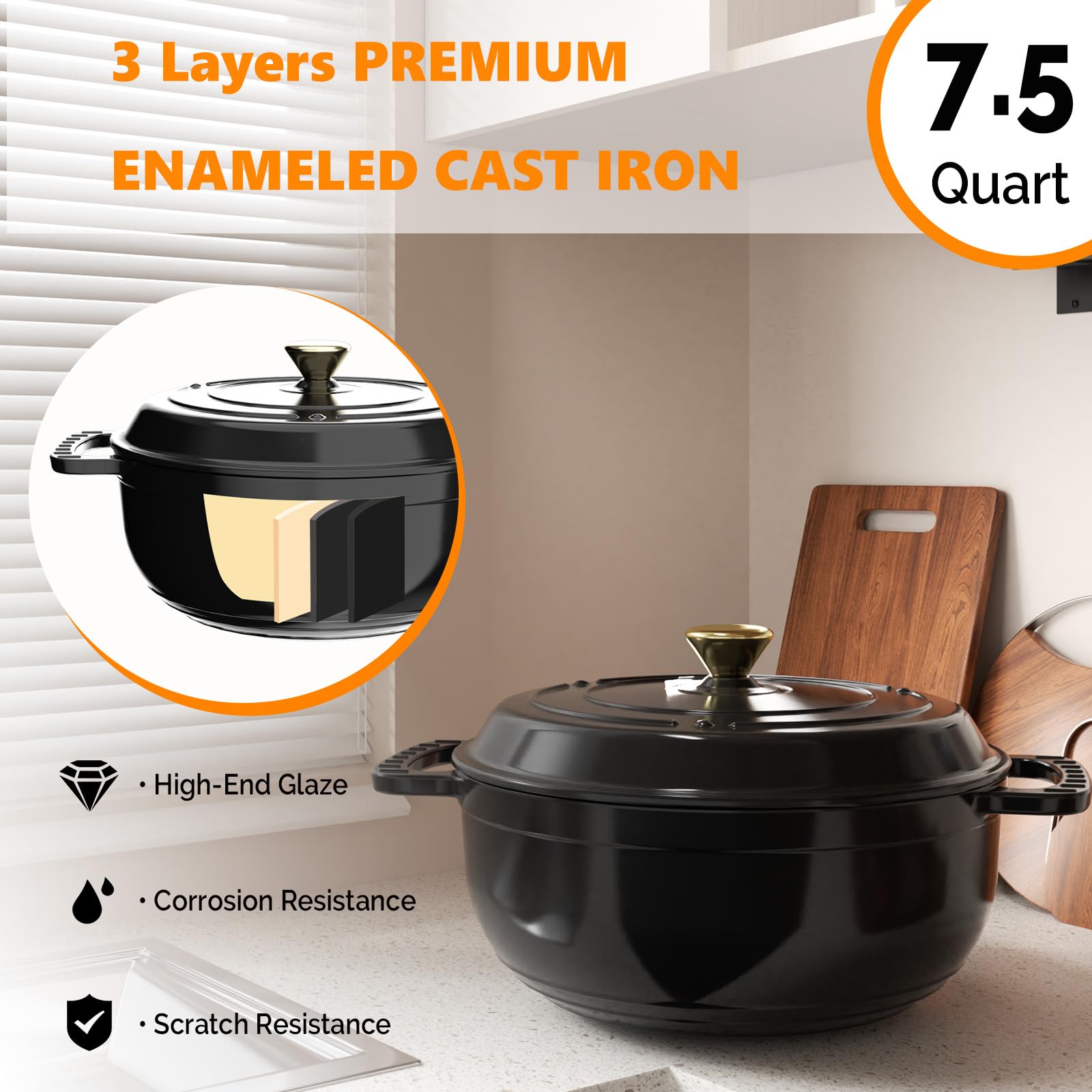 ROVSUN 7.5 QT Enameled Cast Iron Round Dutch Oven Black