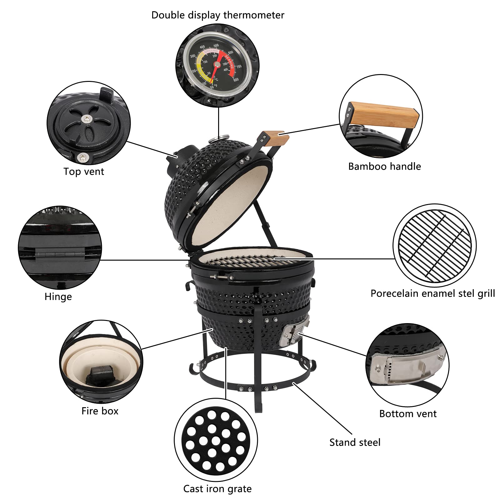 ROVSUN 13" Round Portable Ceramic Grill with Thermometer Black