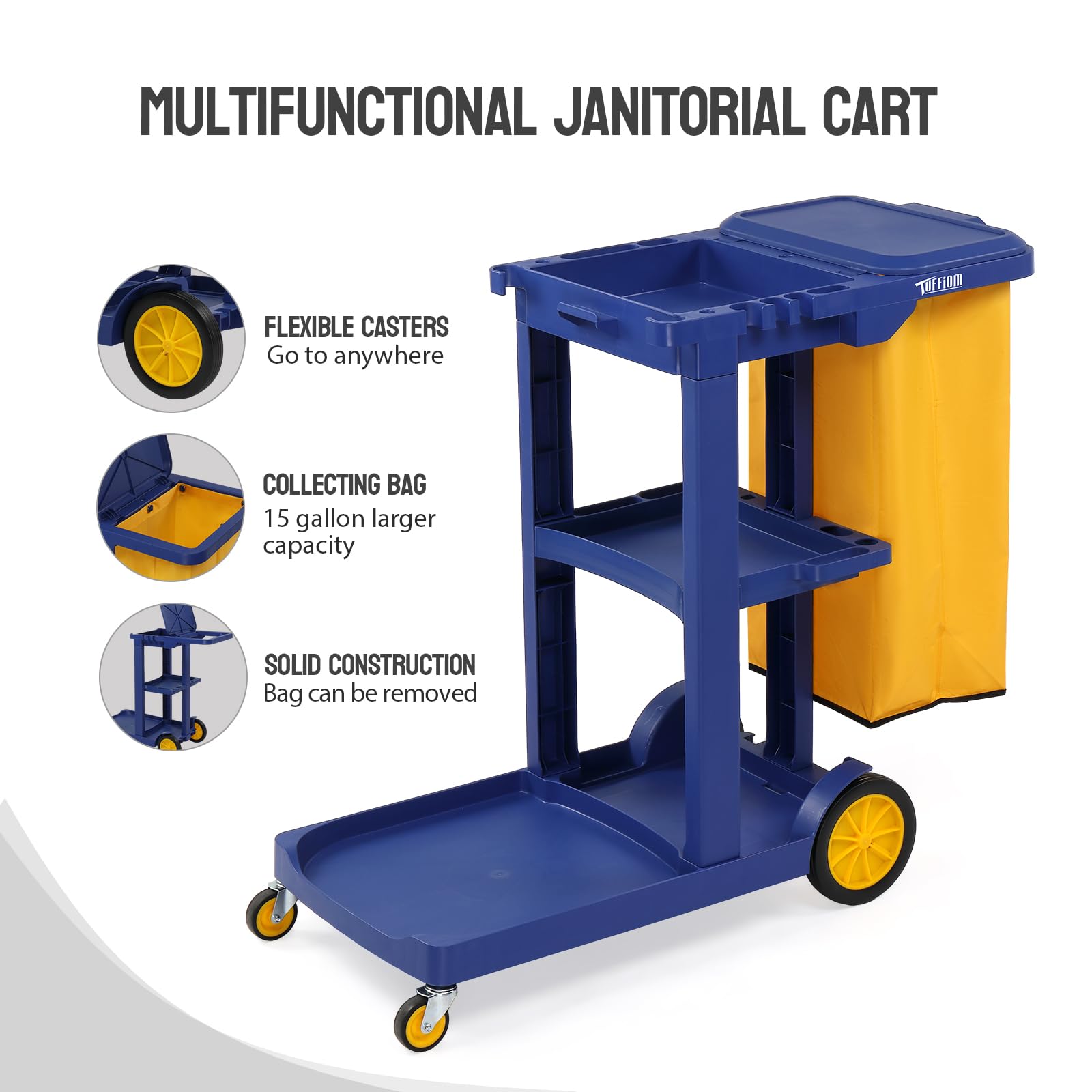 3-Tier 500 LBS Capacity Janitorial Cart with 15 Gallon Bag Blue