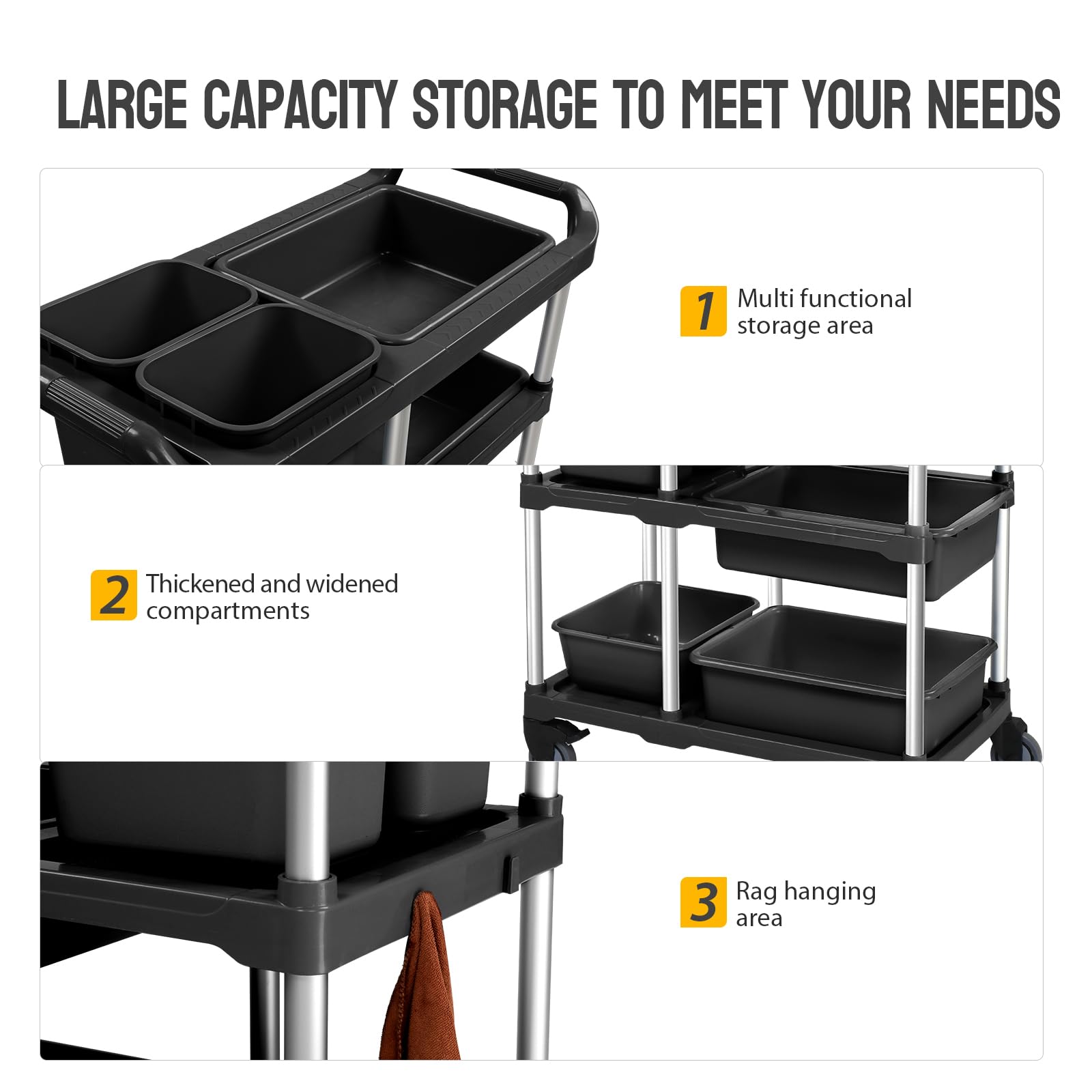 3-Tier 41" x 18" 330 lb. Capacity Plastic Utility Cart/Bussing Cart Black