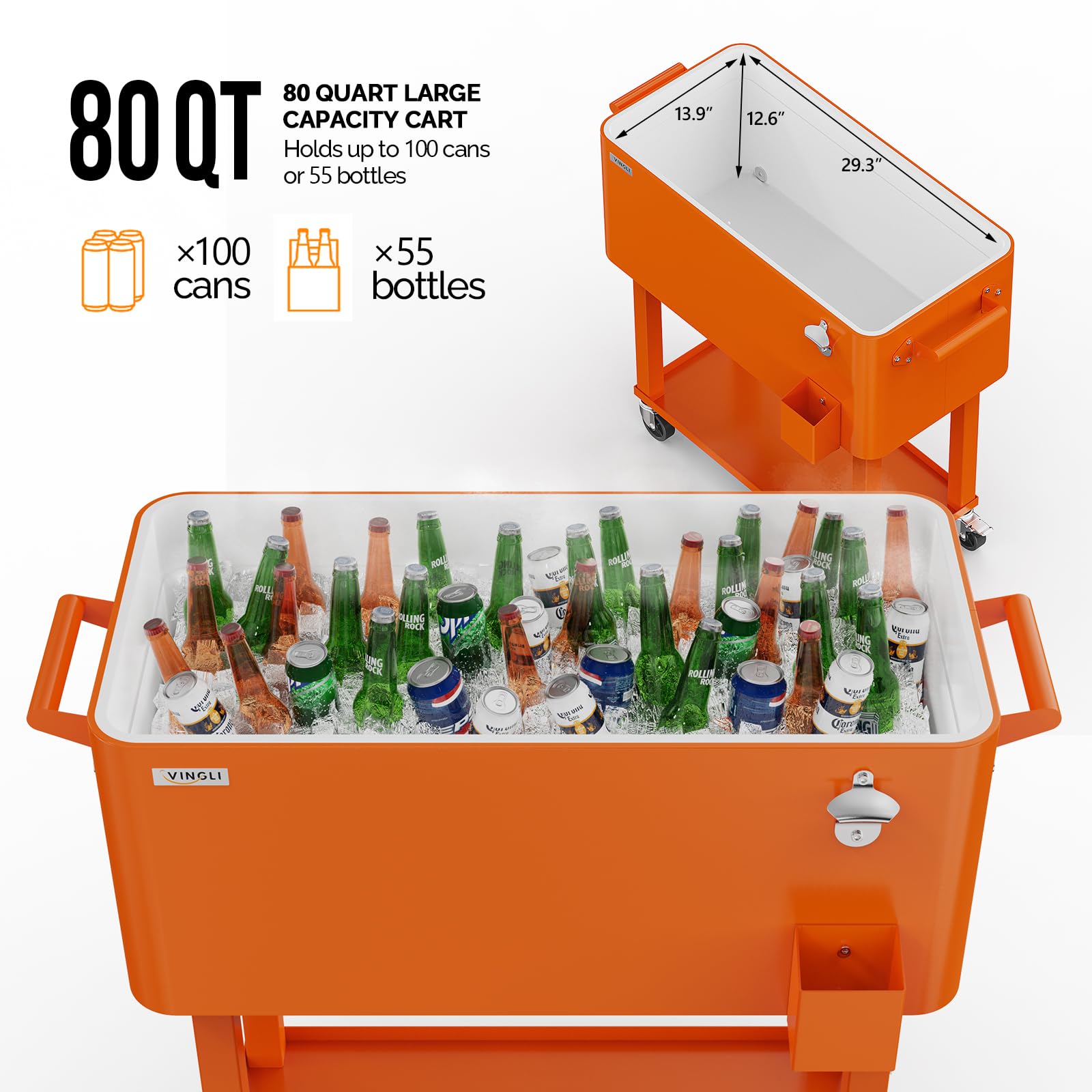 80 Quart Portable Outdoor Patio Rolling Cooler Cart Orange