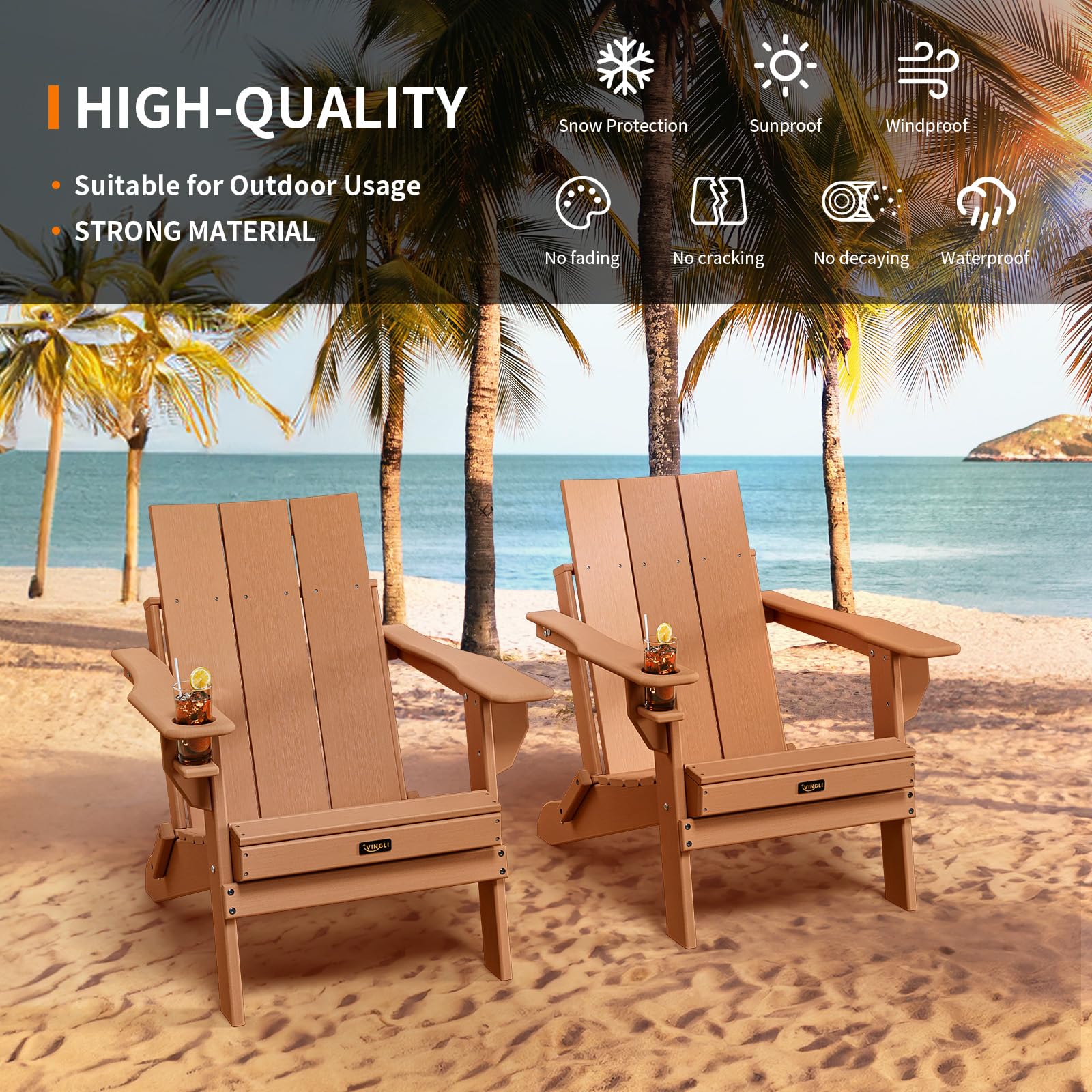 Oversized Plastic Folding HDPE Adirondack Chairs with Cup Holder Teak