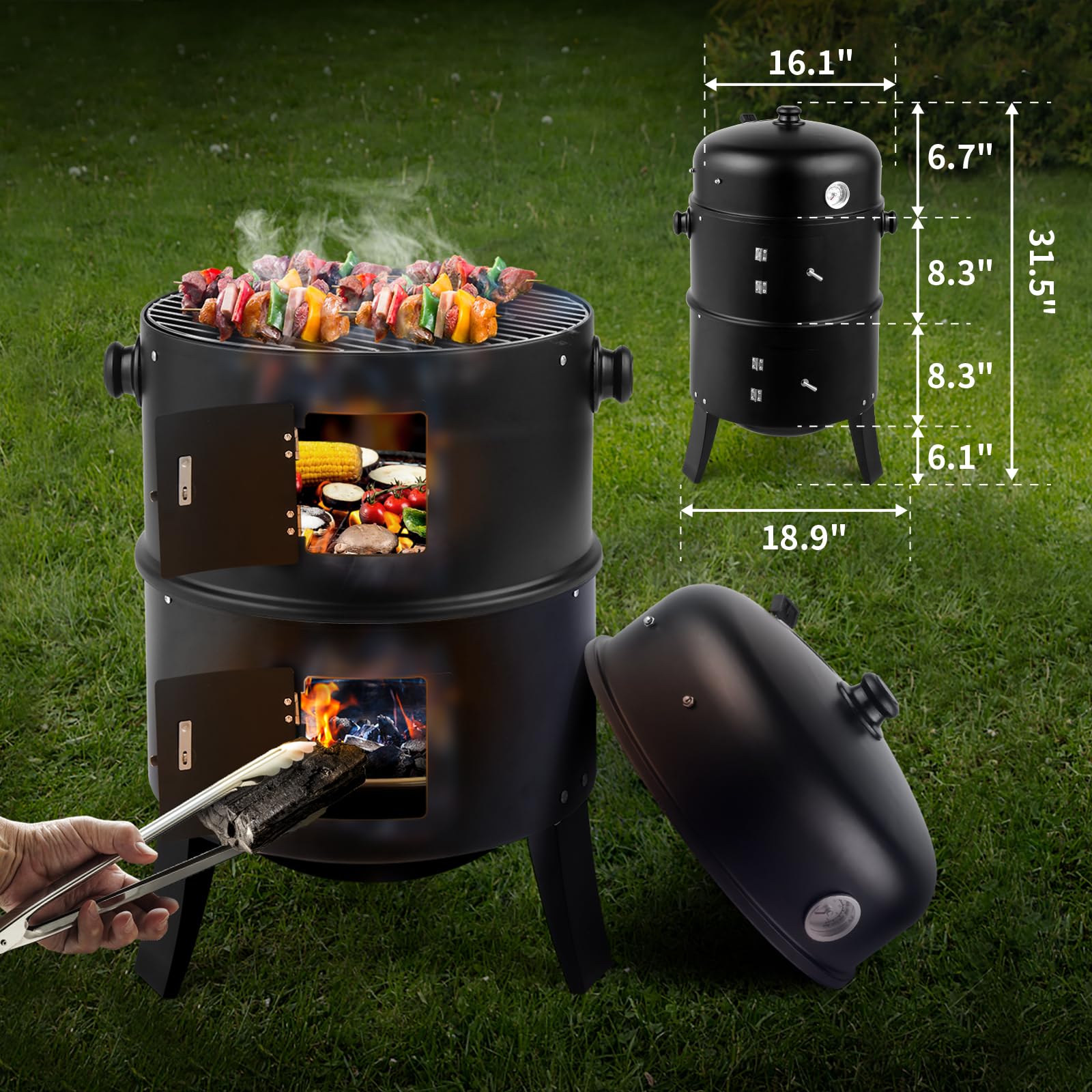 ROVSUN 17" 3-in-1 Portable Outdoor Grill Cooker with Built-in Thermometer