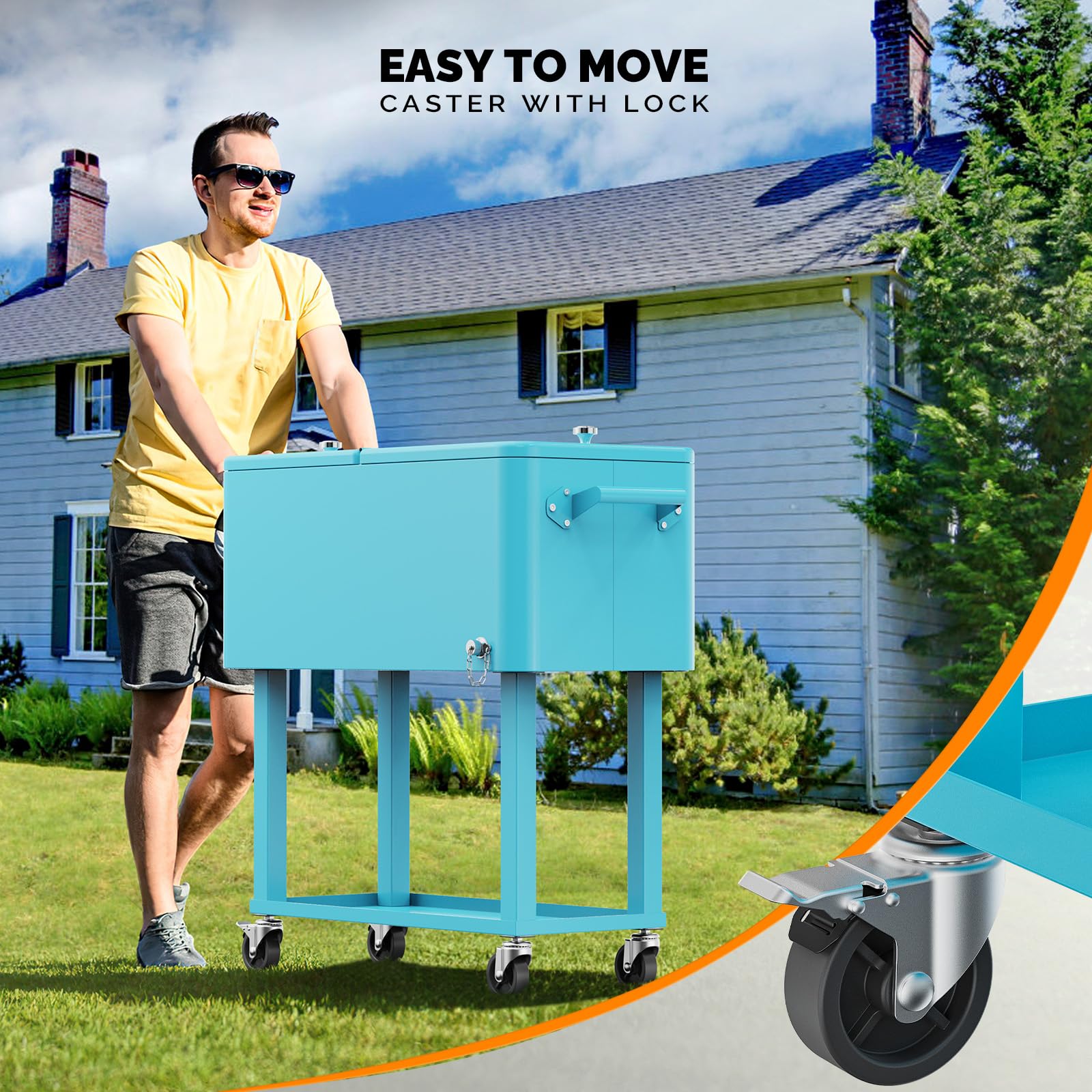 80 Quart Portable Outdoor Patio Rolling Cooler Cart Light Blue