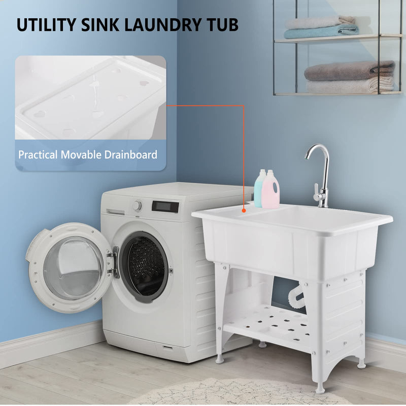 ROVSUN Utility Washing Room Sink Laundry Tub with Faucet & Shelf & Drainboard White