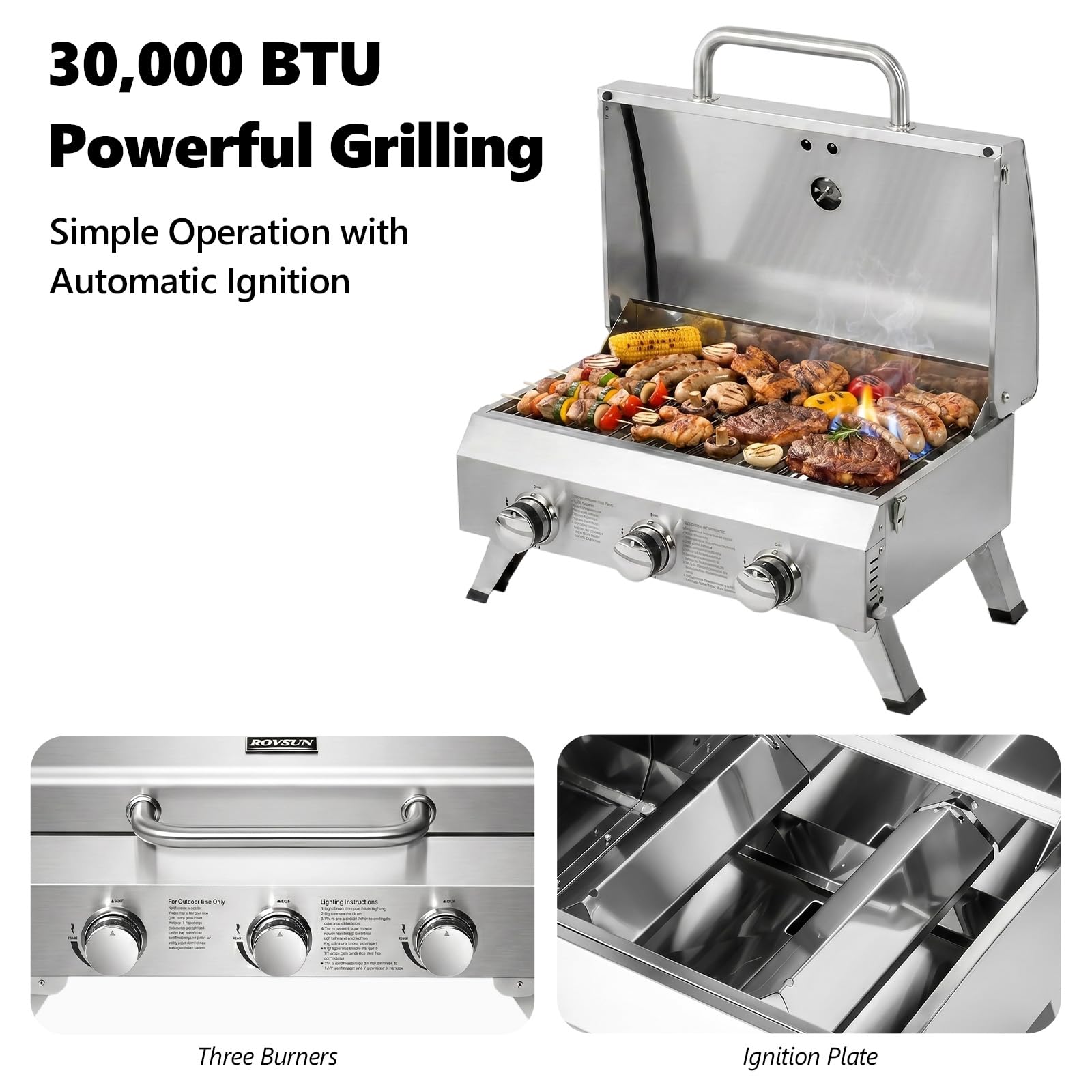 ROVSUN 3-Burner 30000 BTU Portable Propane Grill Tabletop with Igniter