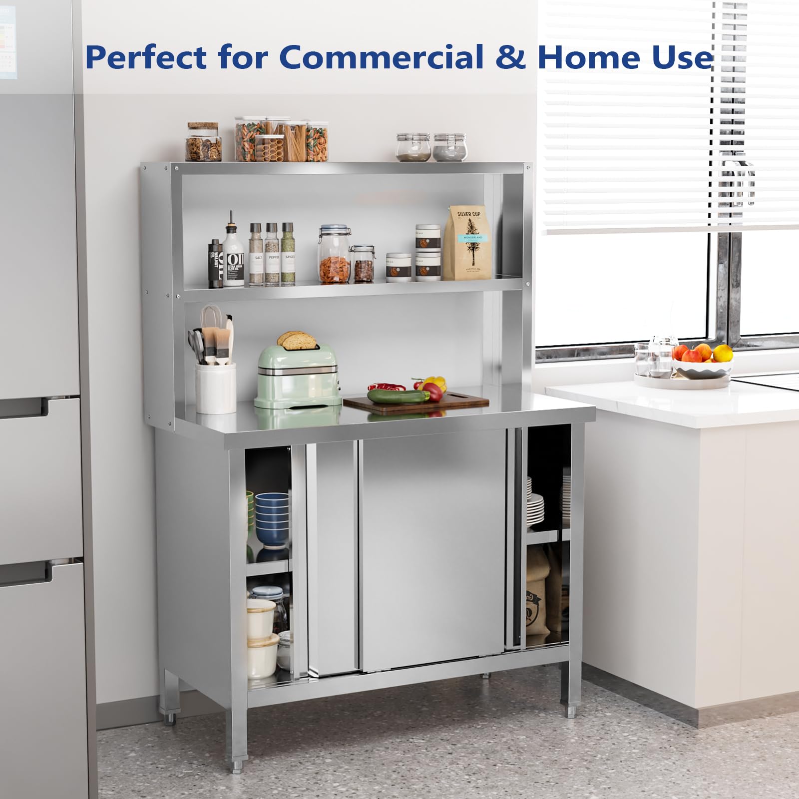 ROVSUN 39" x 19" Stainless Steel Table with Cabinet & Overshelves