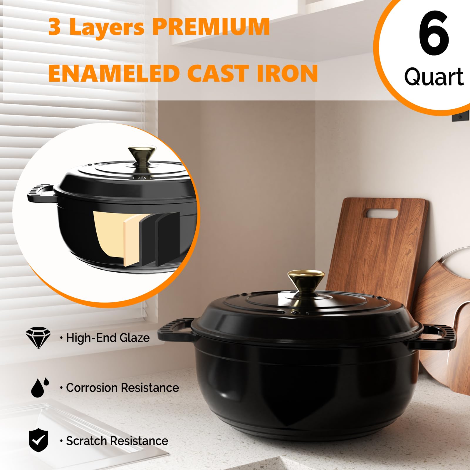 ROVSUN 6 QT Enameled Cast Iron Round Dutch Oven Black