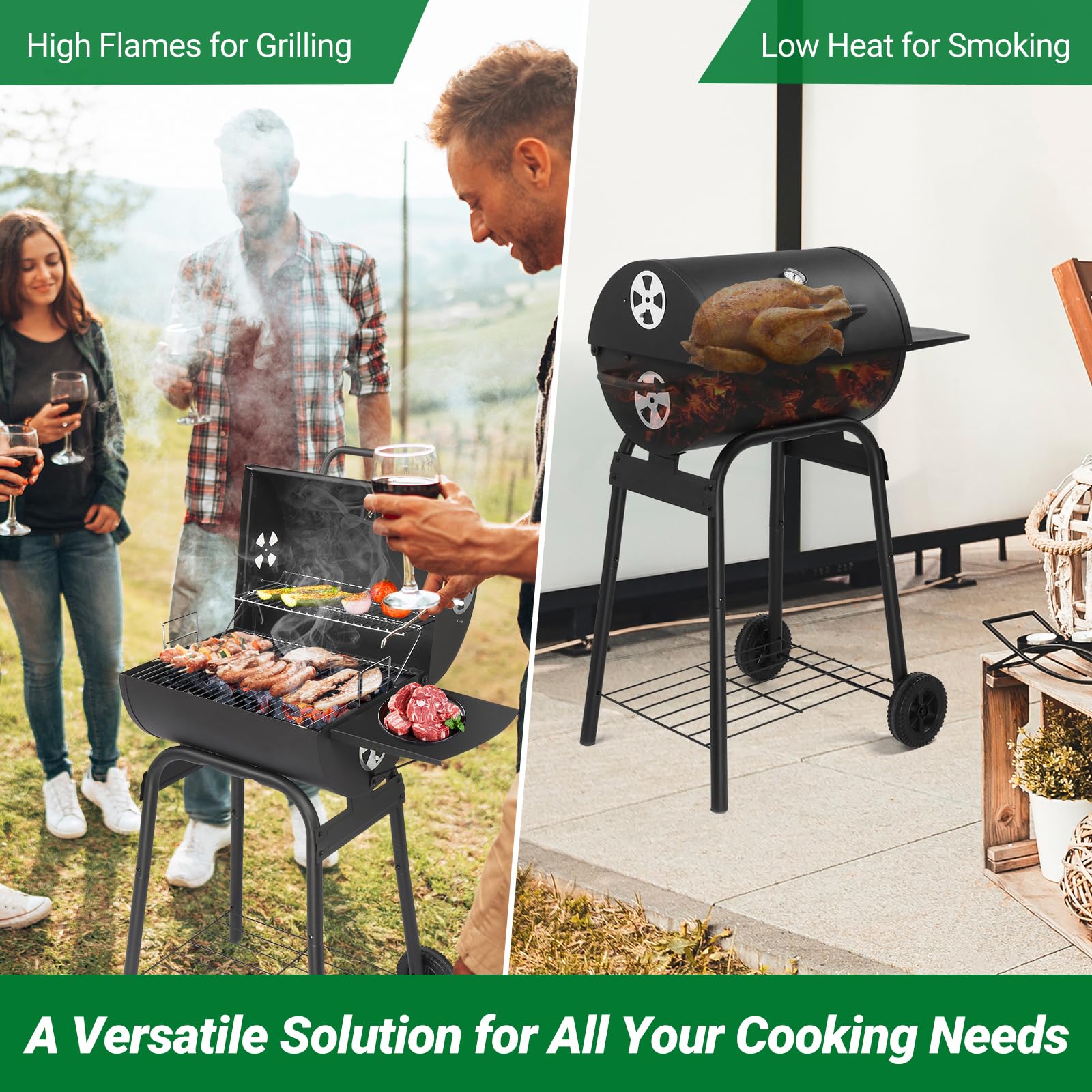 VINGLI Barrel Charcoal Grill with Side Table
