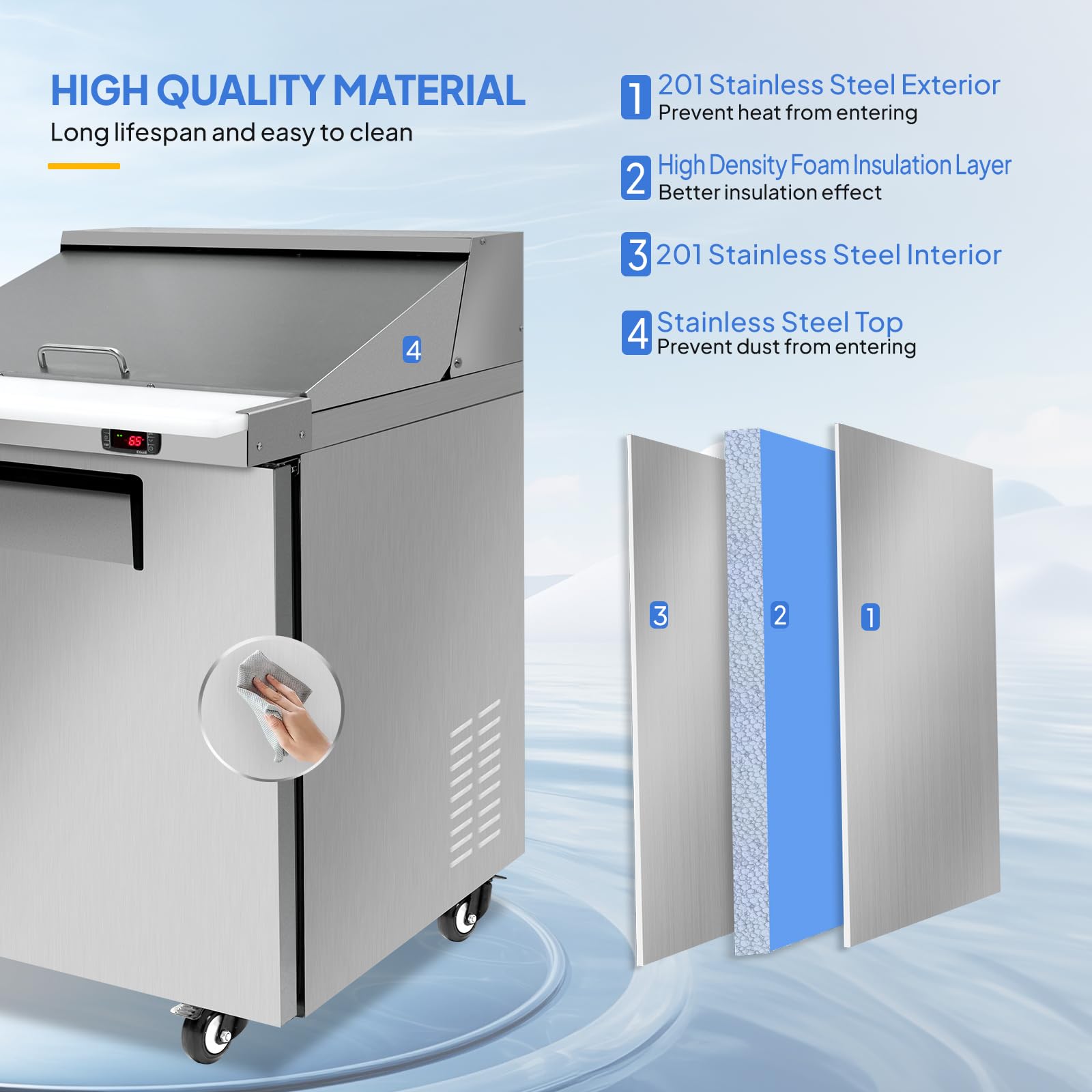 ROVSUN 28" 7.1 Cu.Ft. 320W 115V Silver Refrigerated Salad Sandwich Prep Table