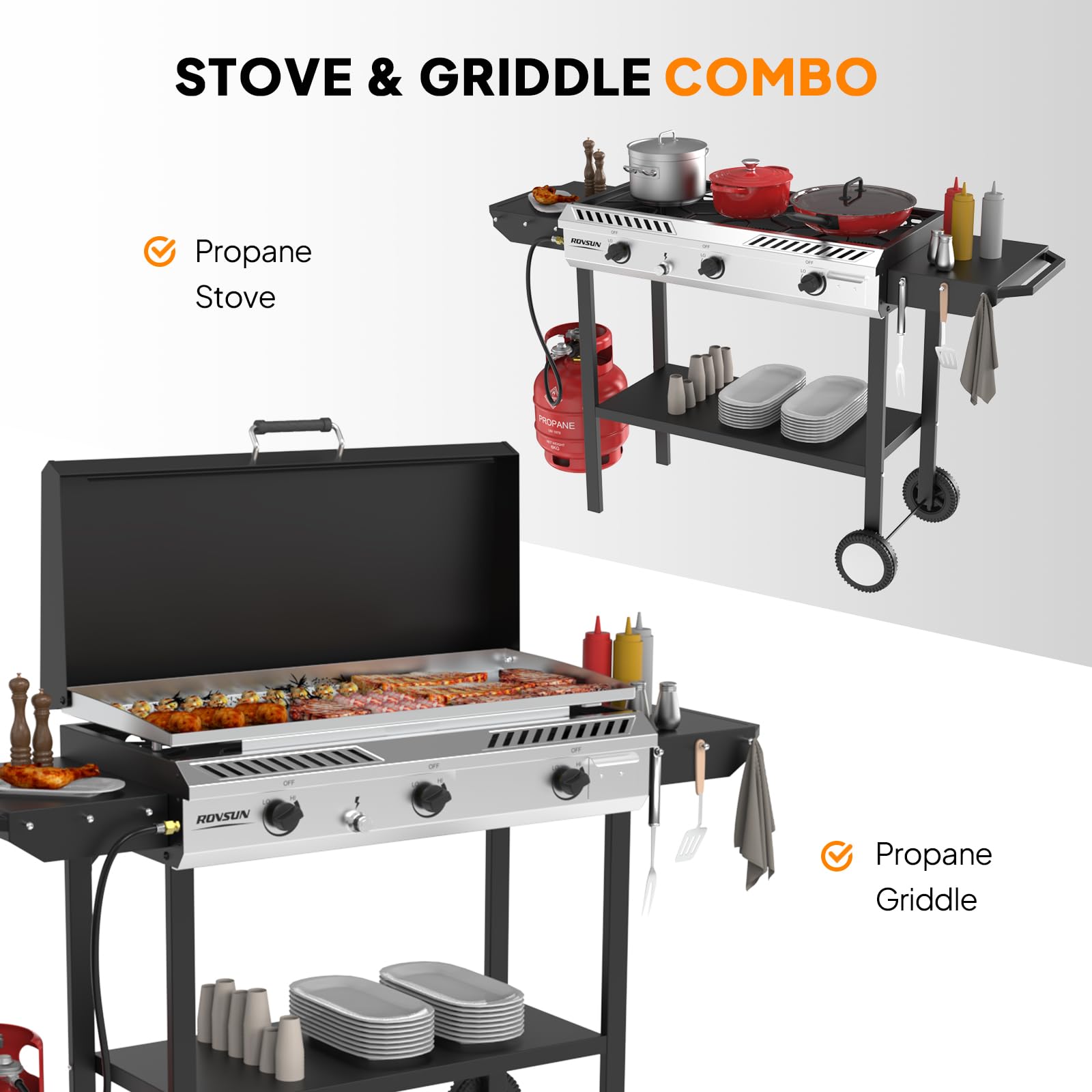 ROVSUN 3-Burner 225,000 BTU 2-in-1 Propane Stove & Griddle with Side Shelves, Wheels
