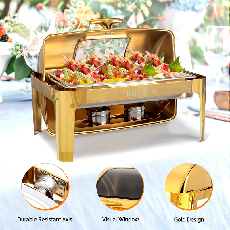 ROVSUN 9 QT Gold Rectangle Roll Top Chafing Dish Buffet Set with Full Size Pan & Glass Window