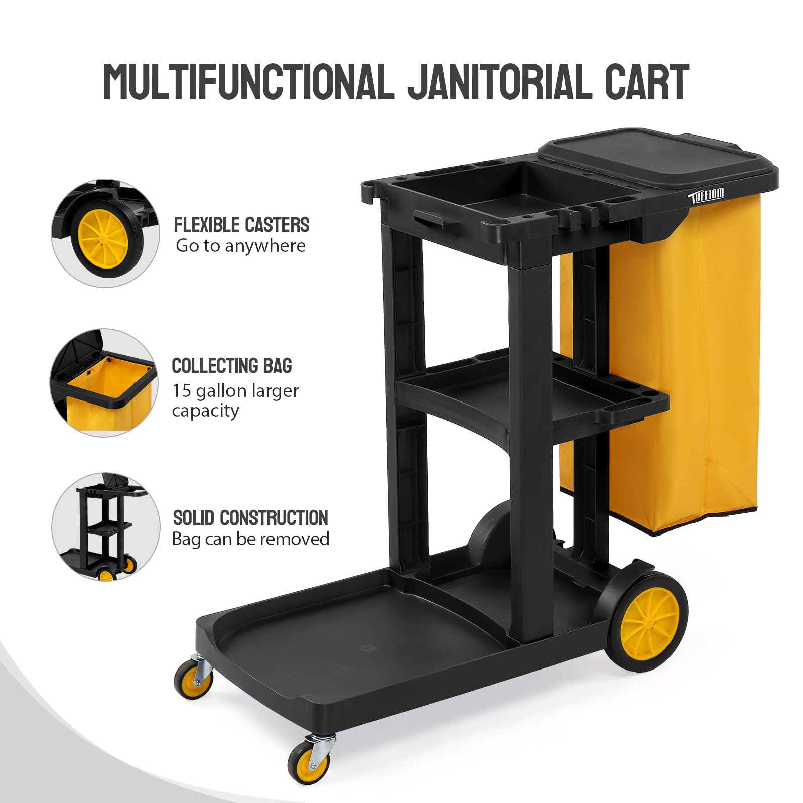 3-Tier 500 LBS Capacity Janitorial Cart with 15 Gallon Bag Black