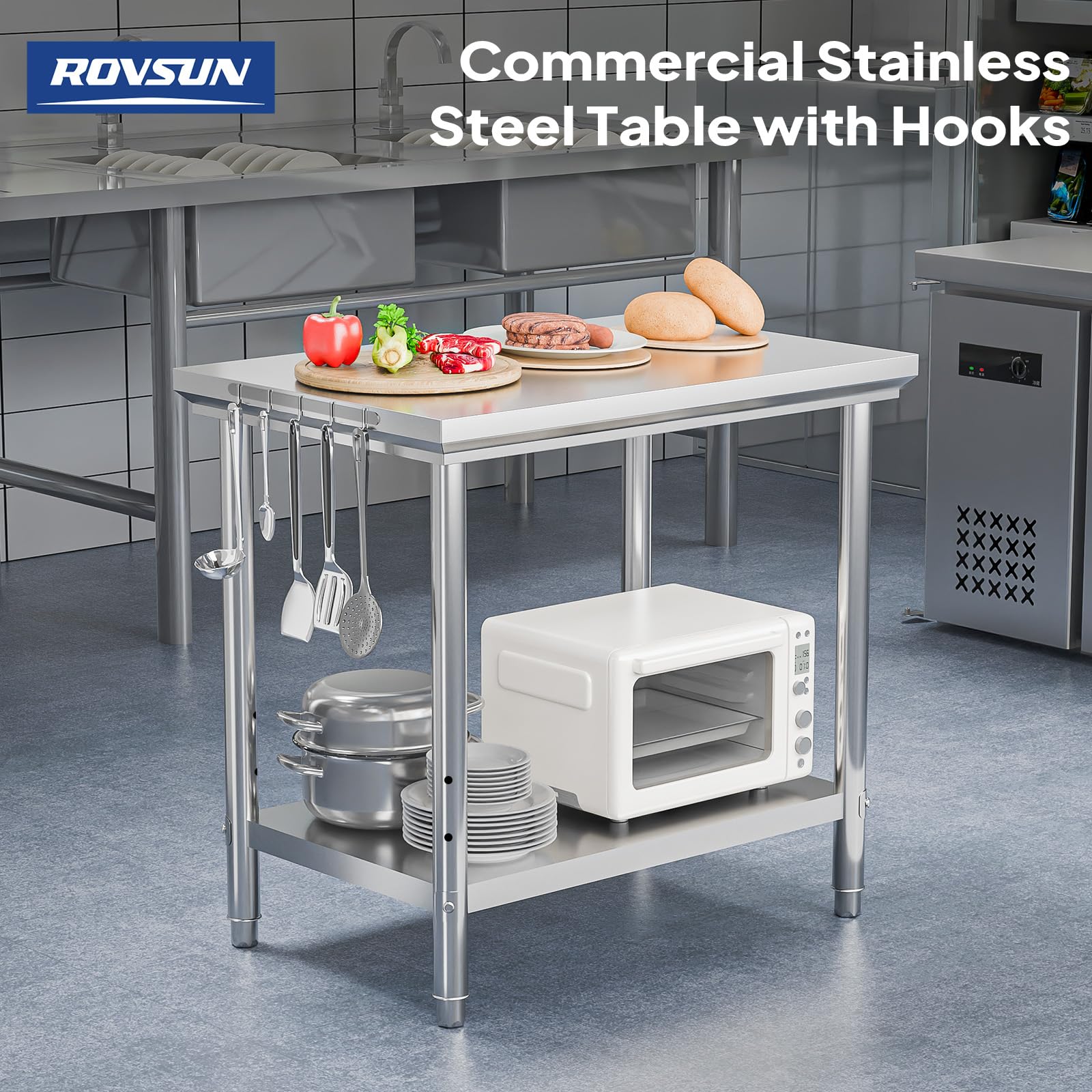 ROVSUN 36" x 24" Stainless Steel Table with Hooks & Undershelf
