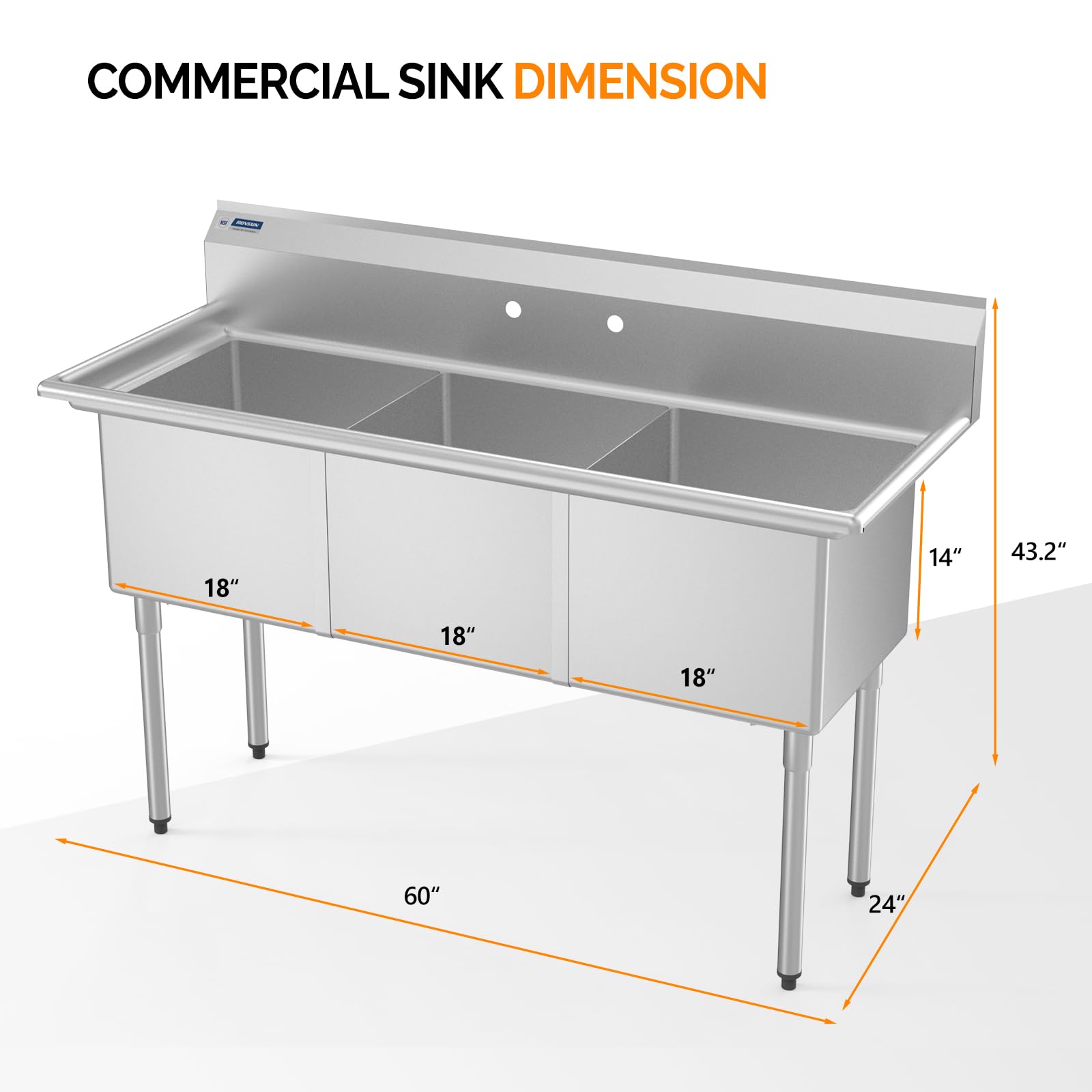 ROVSUN 60" x 24" 3 Compartment 304 Stainless Steel Sink with Backsplash