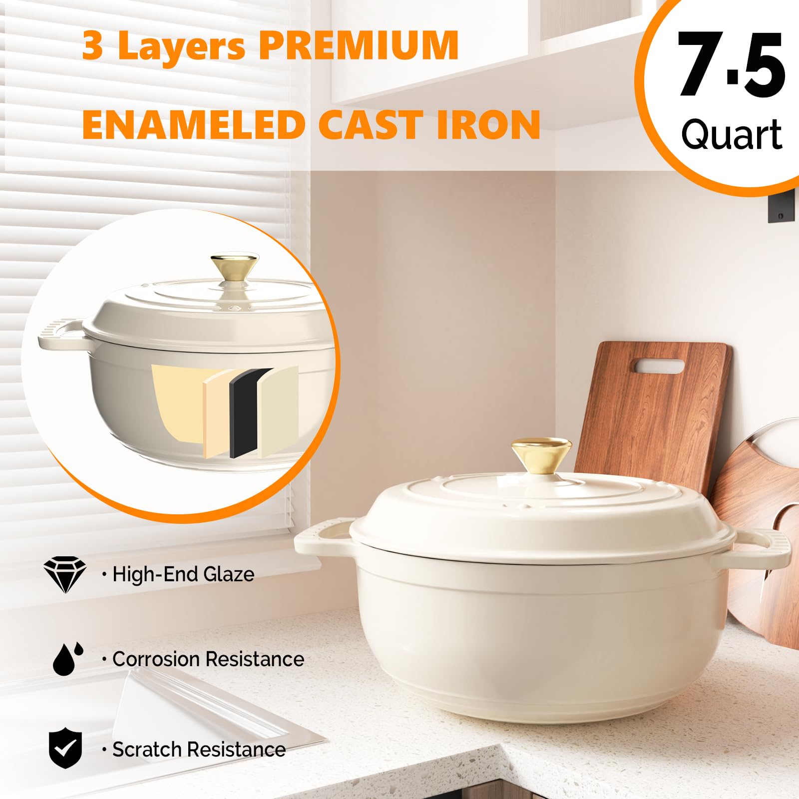 ROVSUN 7.5 QT Enameled Cast Iron Round Dutch Oven Cream White