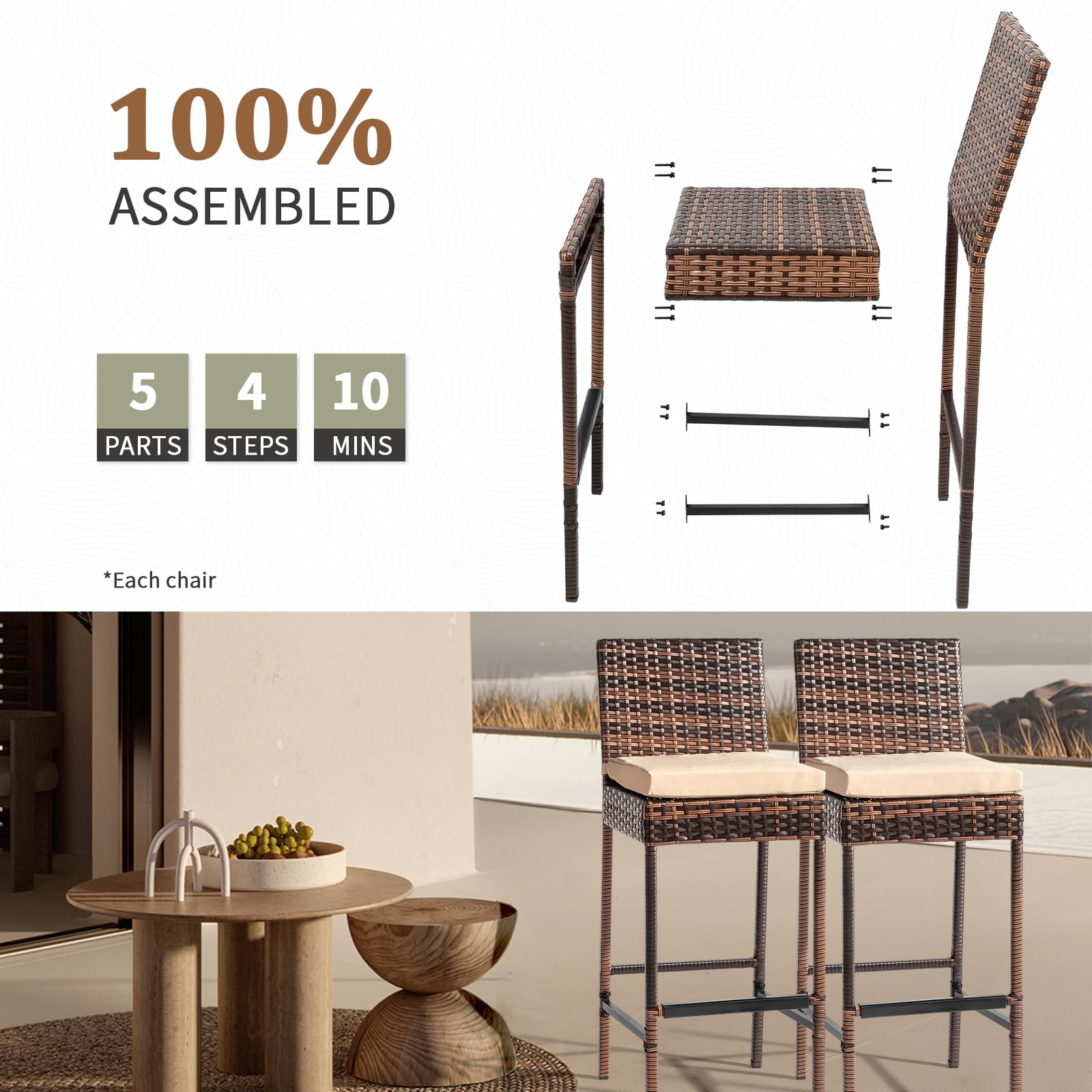 Outdoor Wicker Bar Stools Set with Cushions