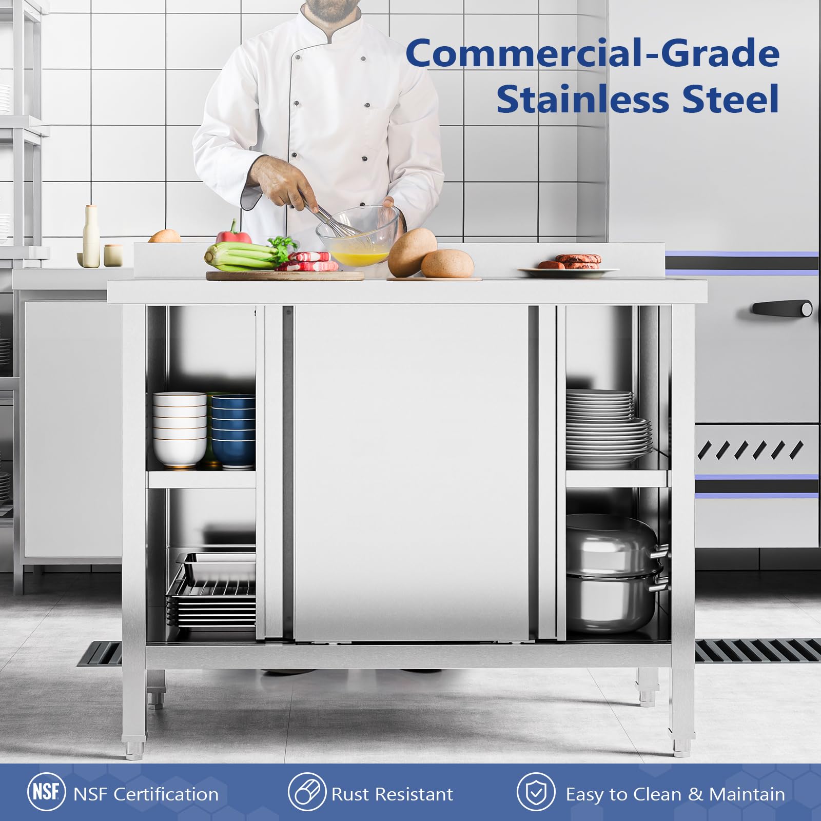 ROVSUN 39" x 19" Stainless Steel Table with Cabinet & Backsplash