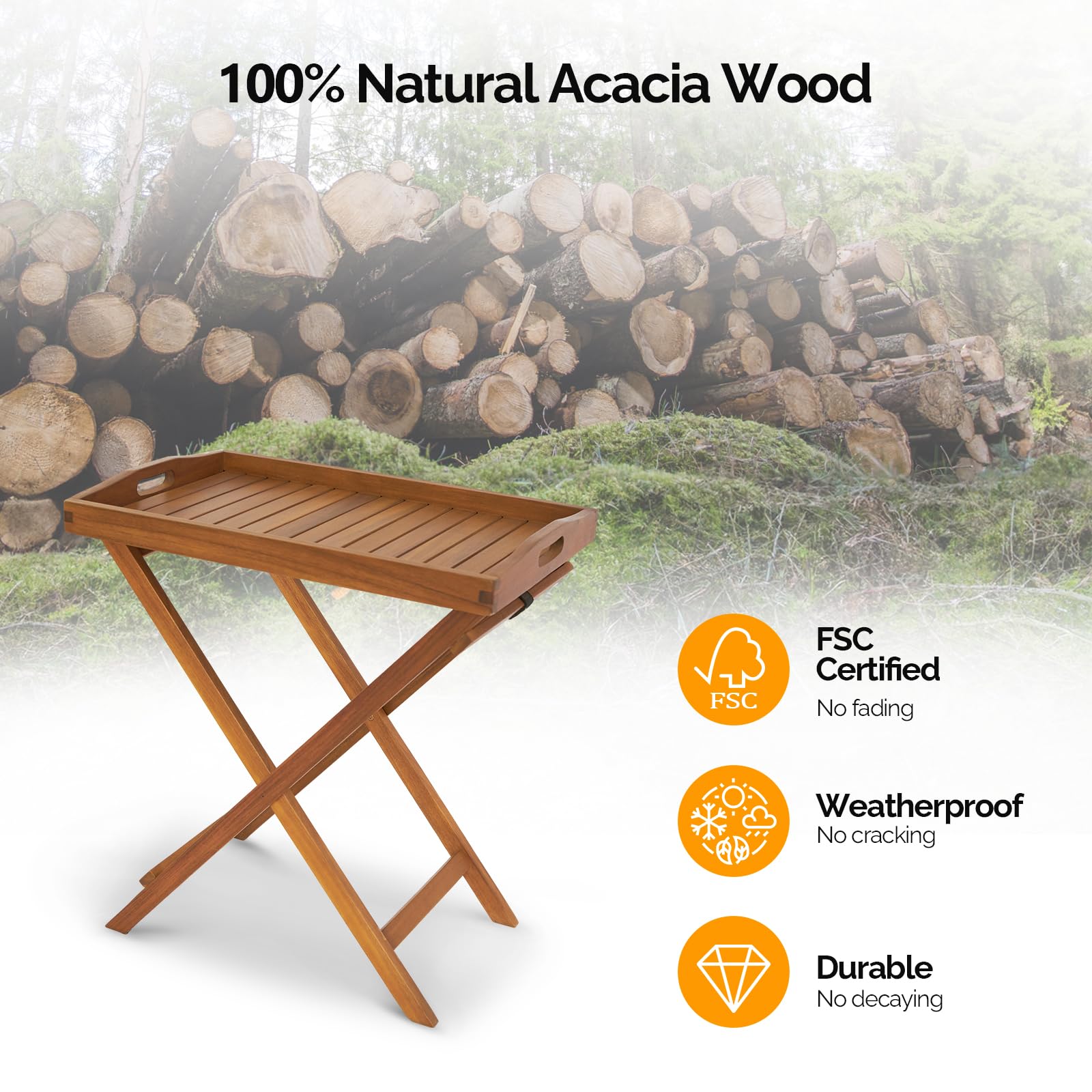 26" FSC Acacia Wooden Folding Table with Removable Tray
