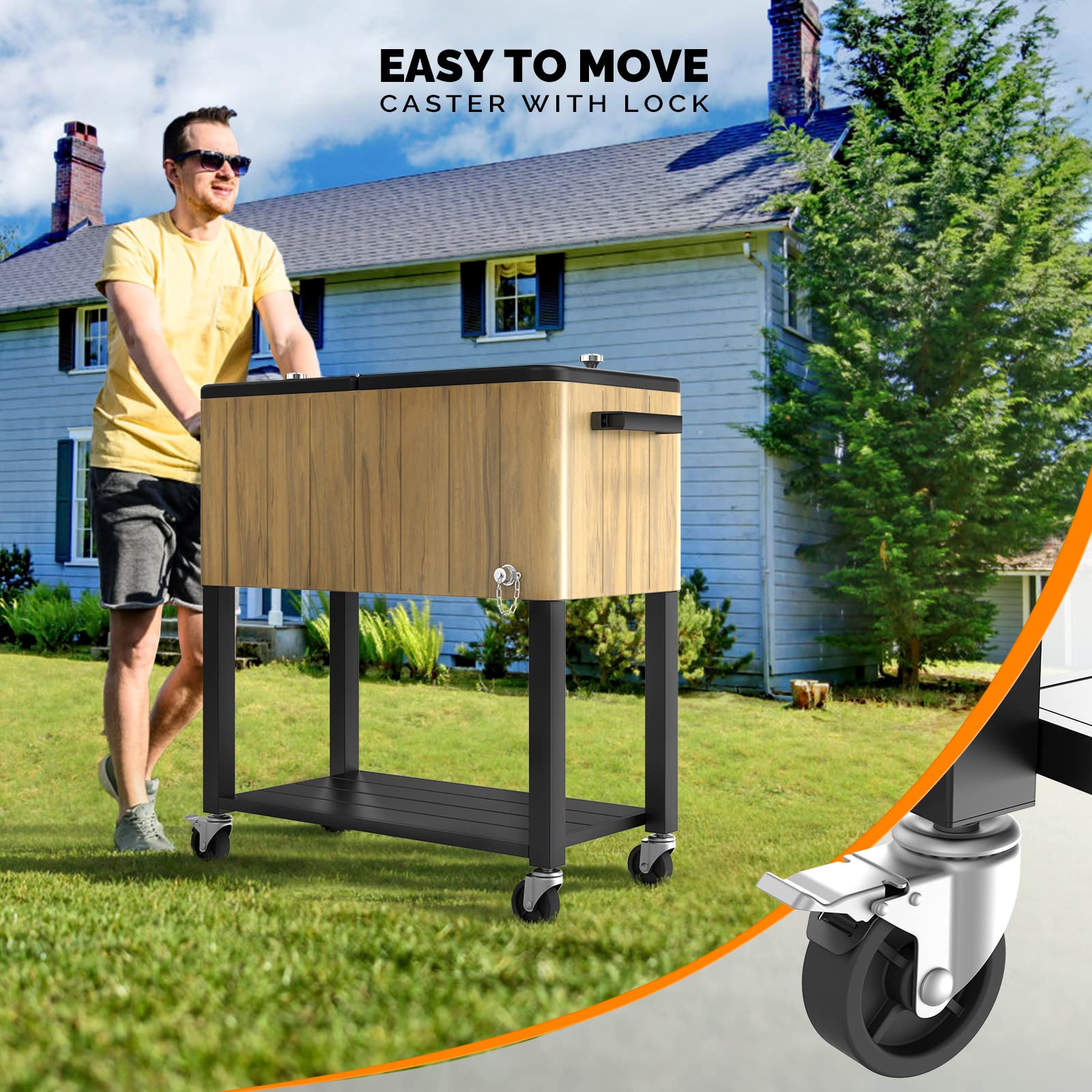 80 Quart Portable Outdoor Patio Rolling Cooler Cart Brown