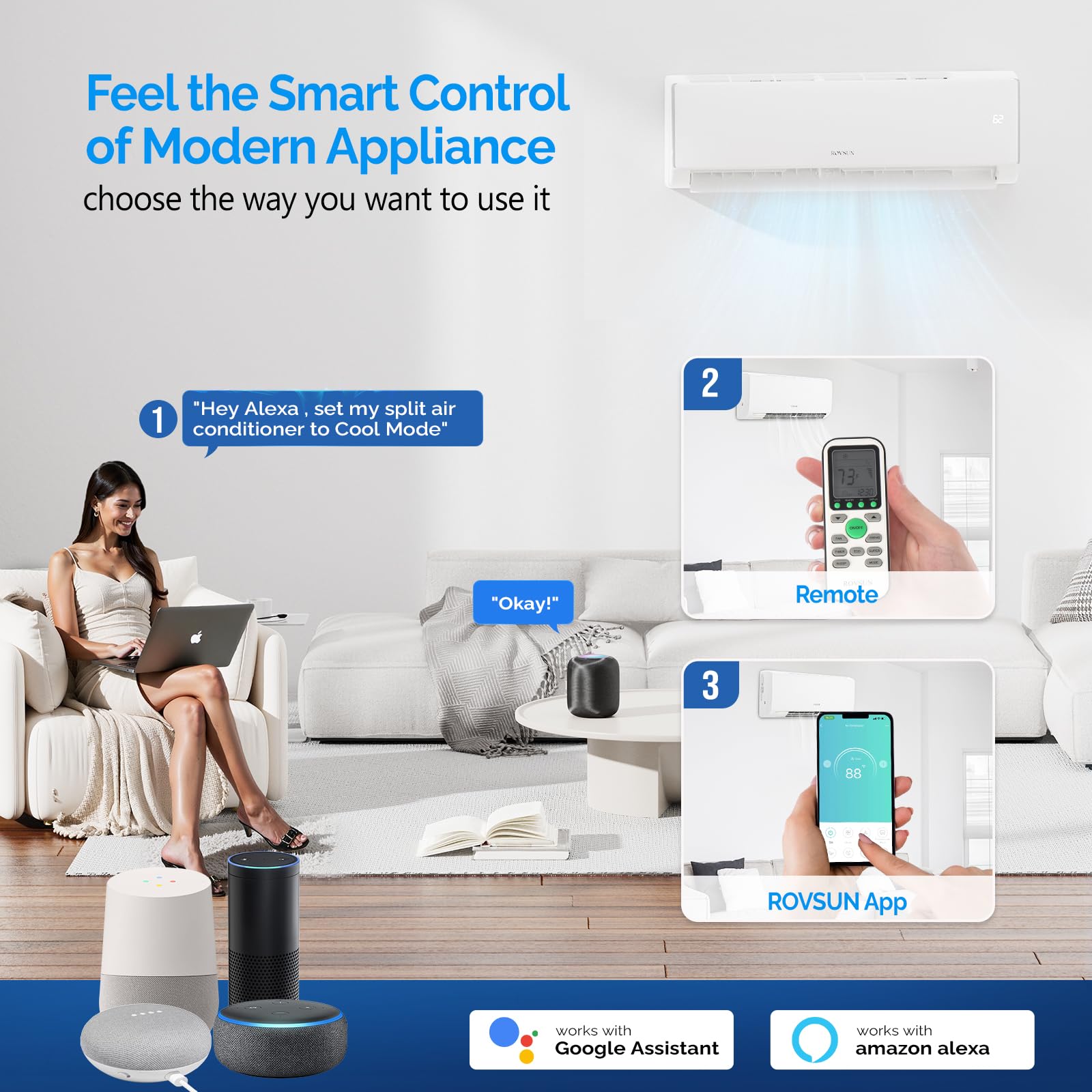 ROVSUN 17,000 BTU 17 SEER2 230V Mini Split Air Conditioner with Heat Pump Ductless Inverter & Install Kit