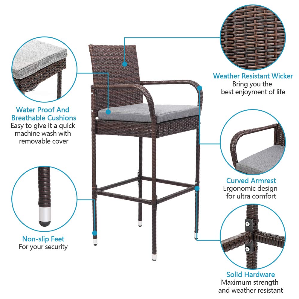 Outdoor Wicker Bar Stools Set with Armrest