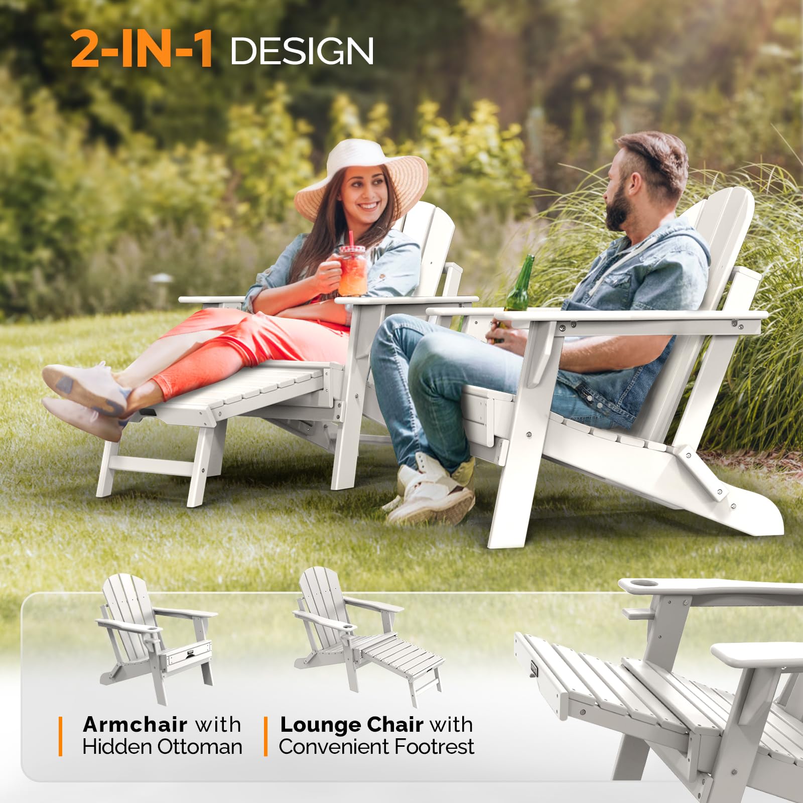 Plastic Folding HDPE Adirondack Chair with Ottoman White