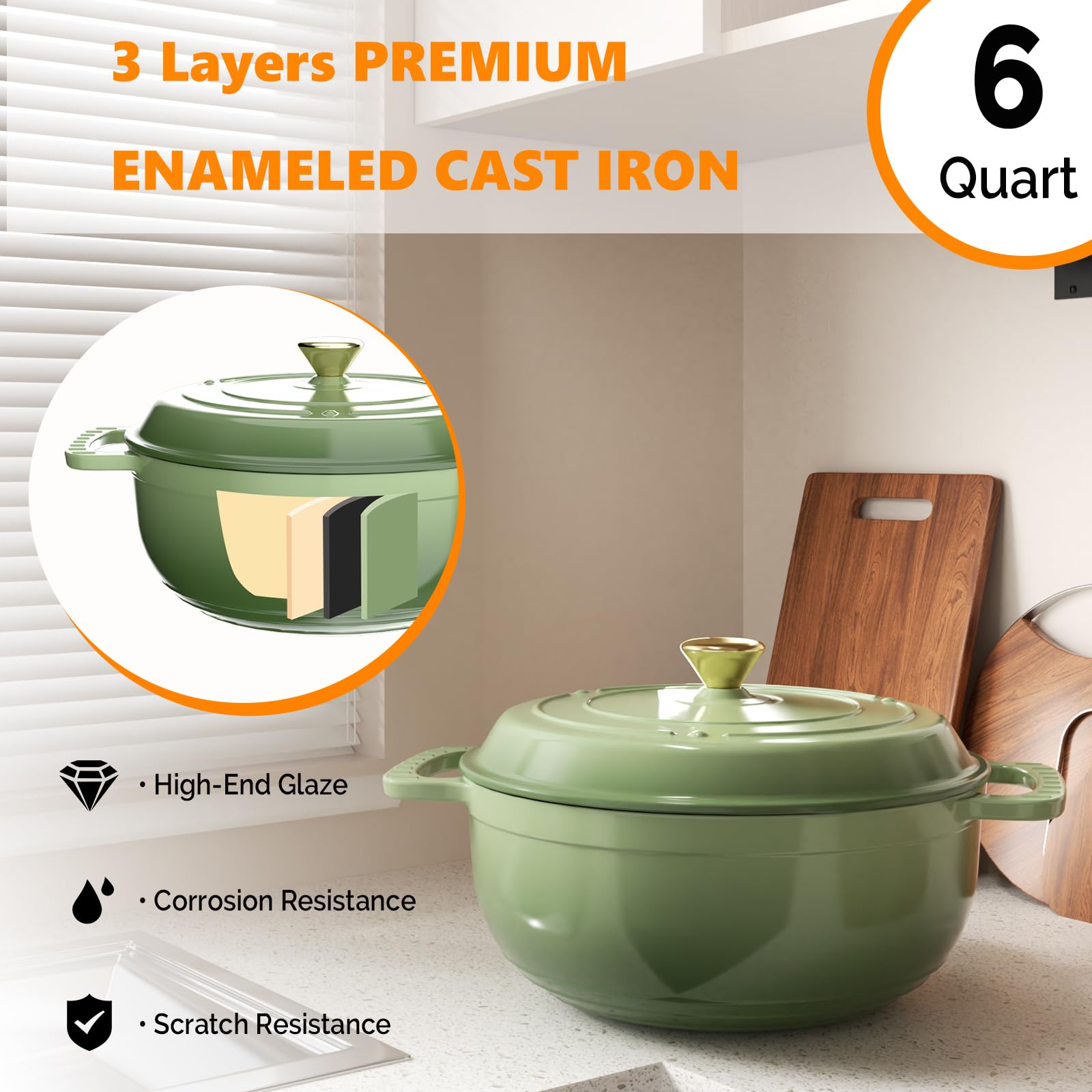 ROVSUN 6 QT Enameled Cast Iron Round Dutch Oven Sage Green