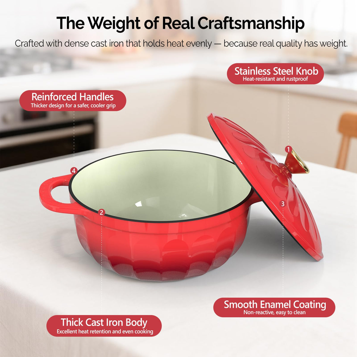 ROVSUN 5 QT Enameled Cast Iron Round Dutch Oven Red Gradient
