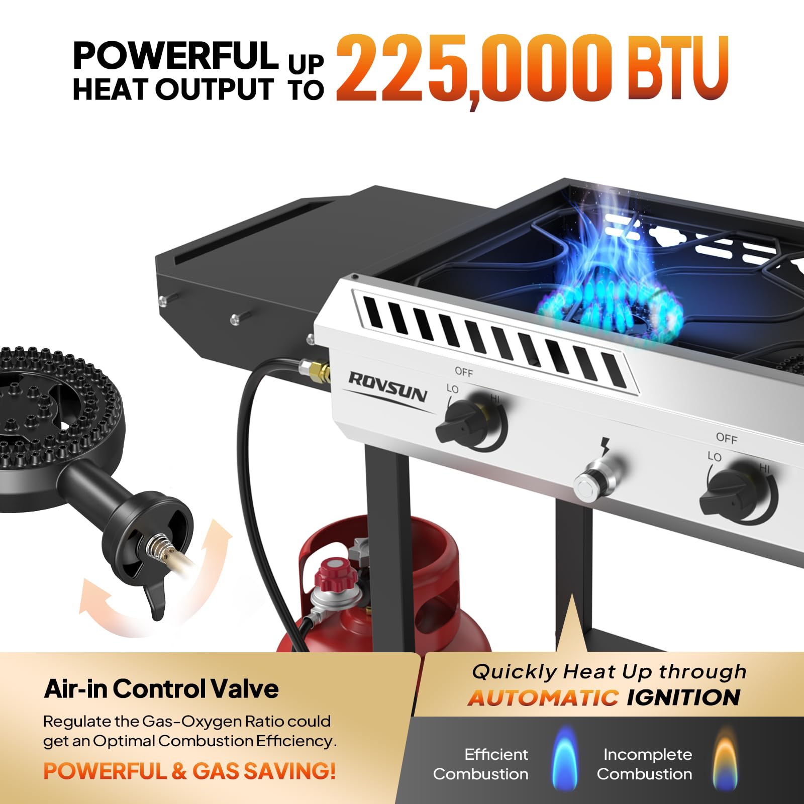ROVSUN 3-Burner 225,000 BTU Outdoor Camping Propane Stove with Wheels & Side Shelves