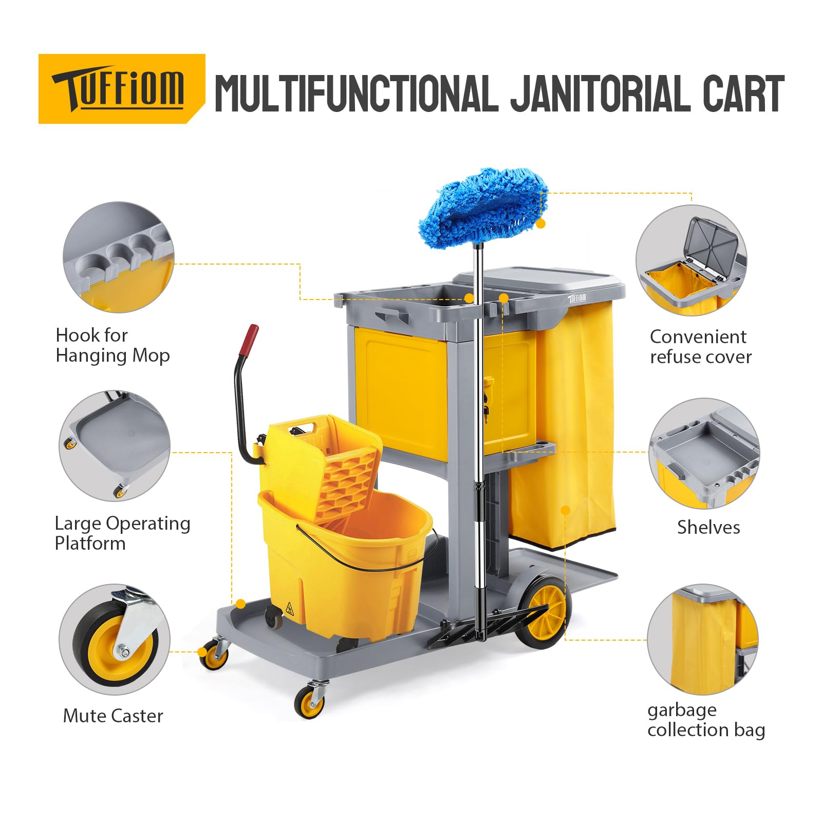 3-Tier 500 LBS Capacity Janitorial Cart with Locker & 15 Gallon Bag Grey