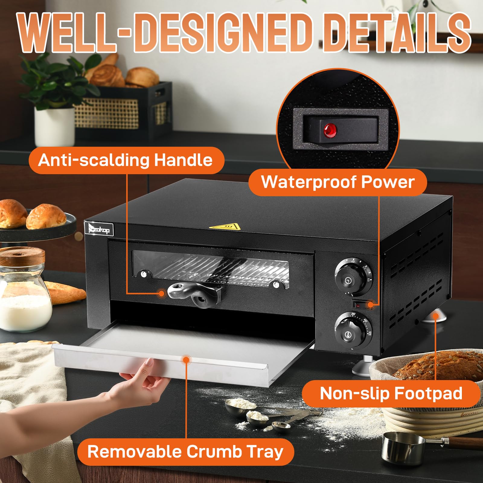12" 1100W 110V Single Deck Pizza Oven with Visible Window Black