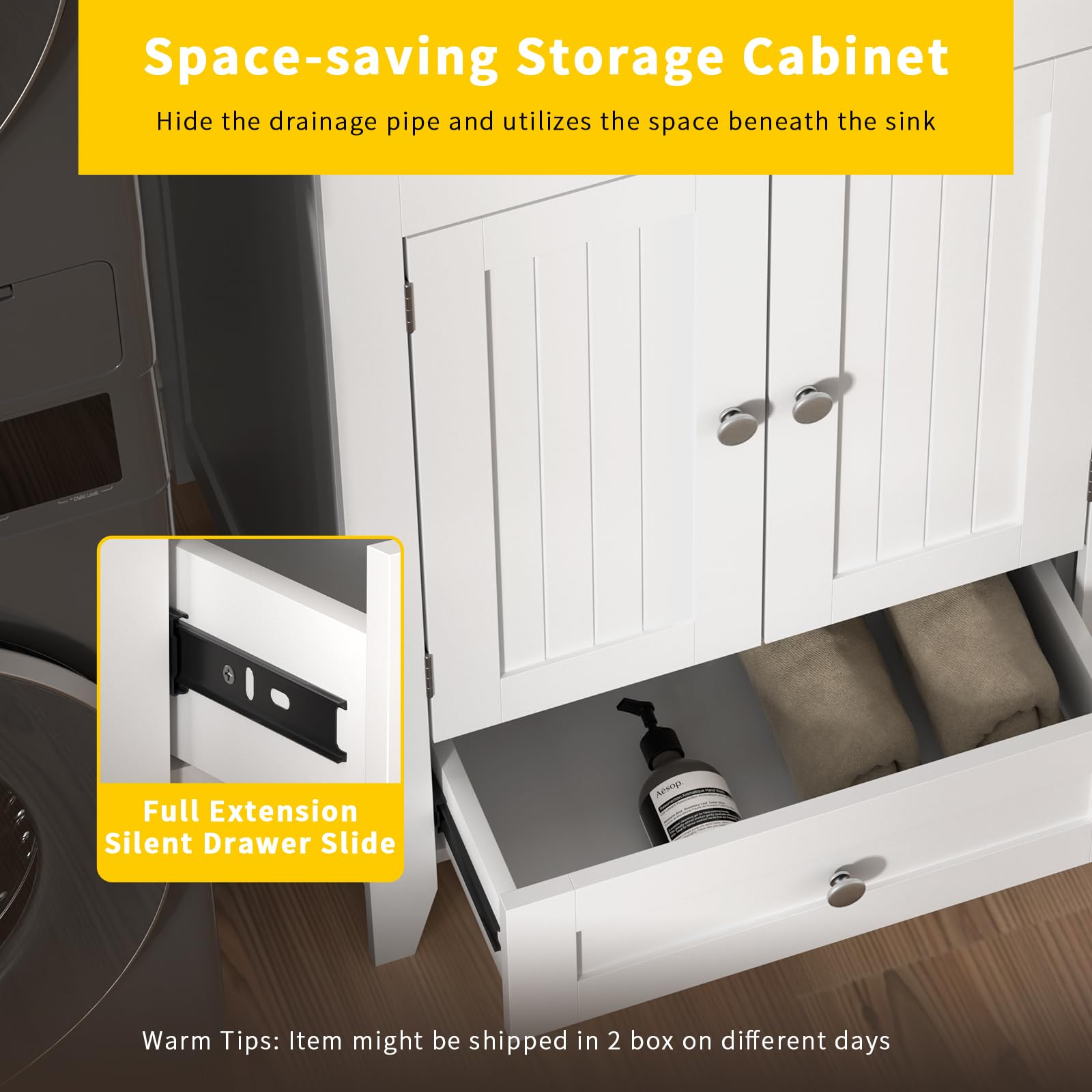 ROVSUN 24" x 20" Utility Sink with Cabinet and Drawer for Kitchen Laundry Room White