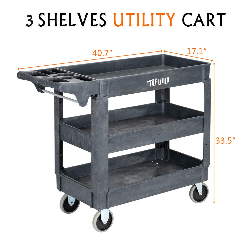 3-Tier 40" x 17" 550 lb. Capacity Plastic Utility Cart with Wheels Grey