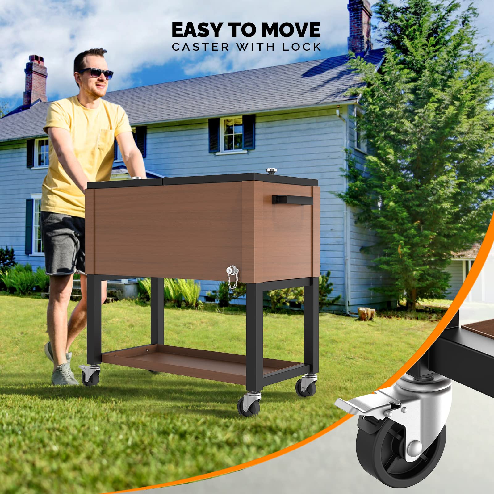 80 Quart Portable Outdoor Patio Rolling Cooler Cart Brown