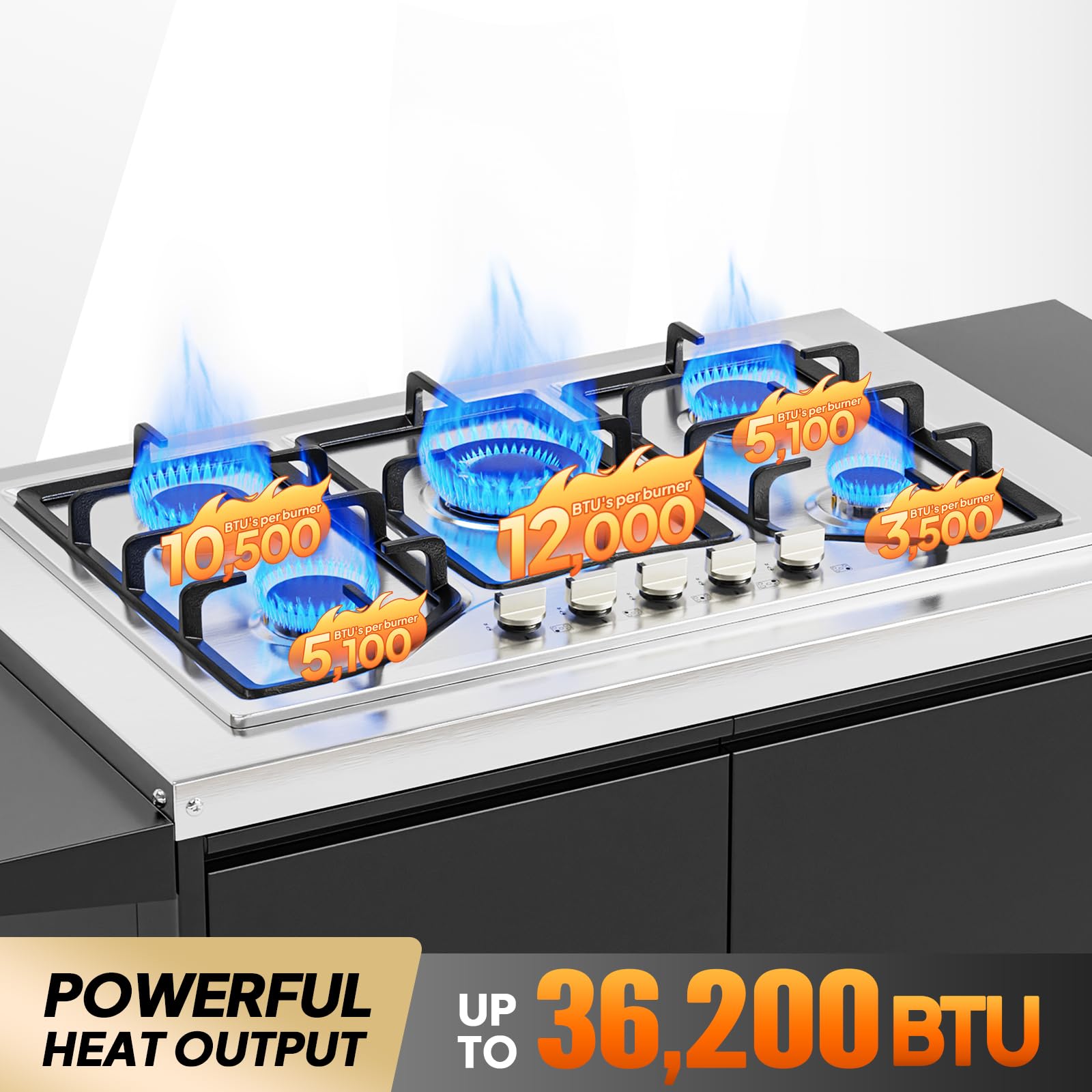ROVSUN 5 Burner Propane Stove with Storage Cabinet & Side Shelves