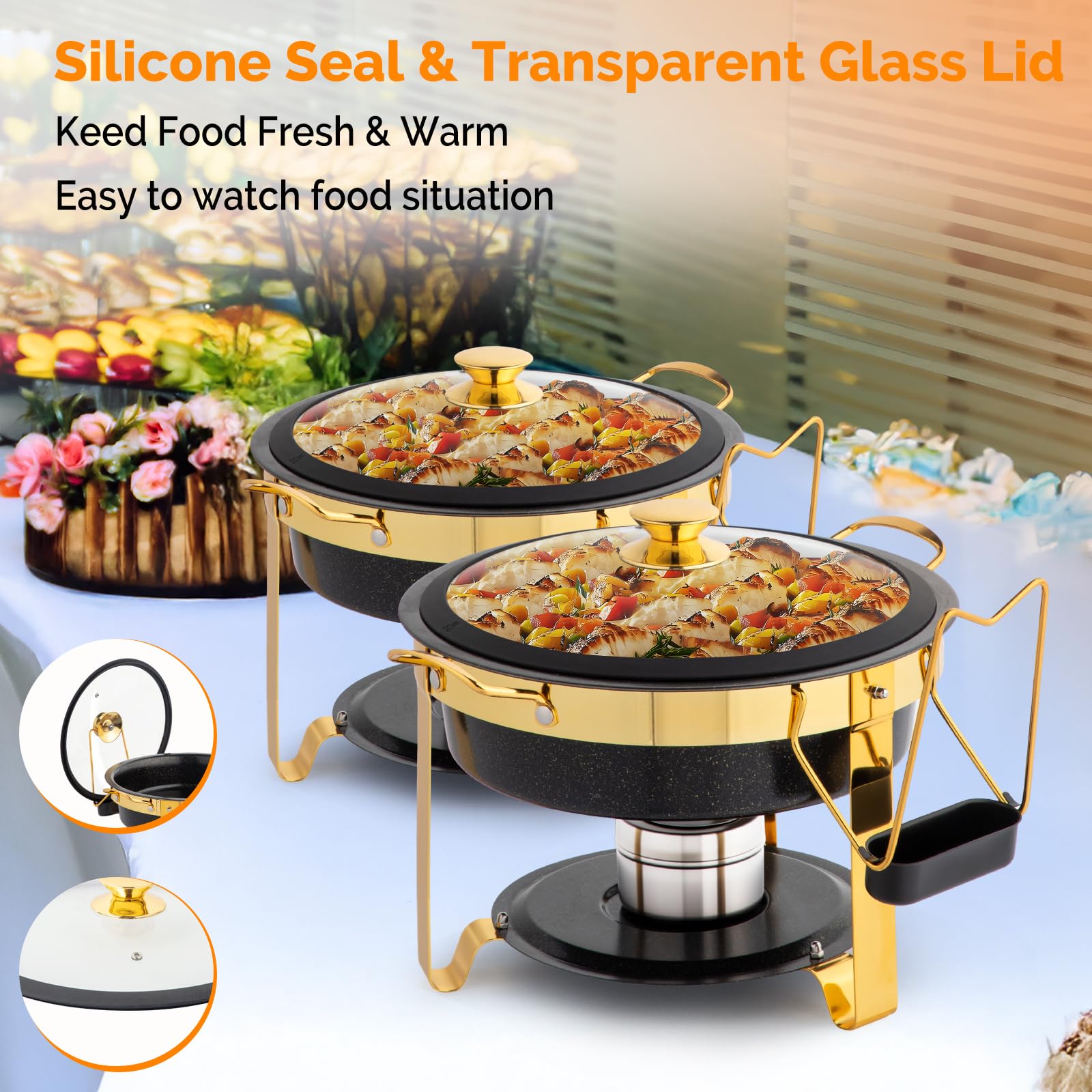 ROVSUN 5 QT Round Black & Gold Chafing Dish Buffet Set with Lid Holder