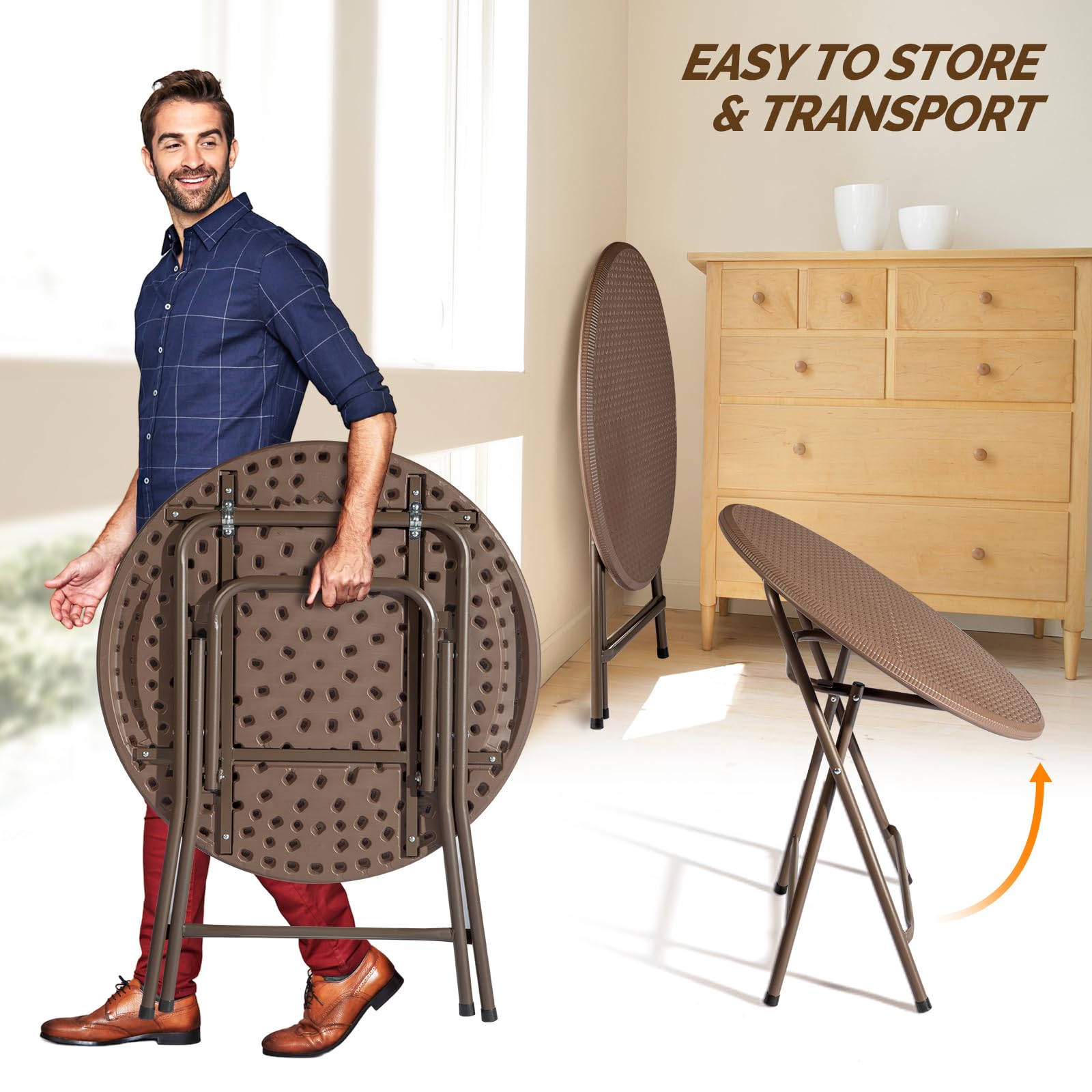 32" Round Folding Portable Plastic Dining Table Brown