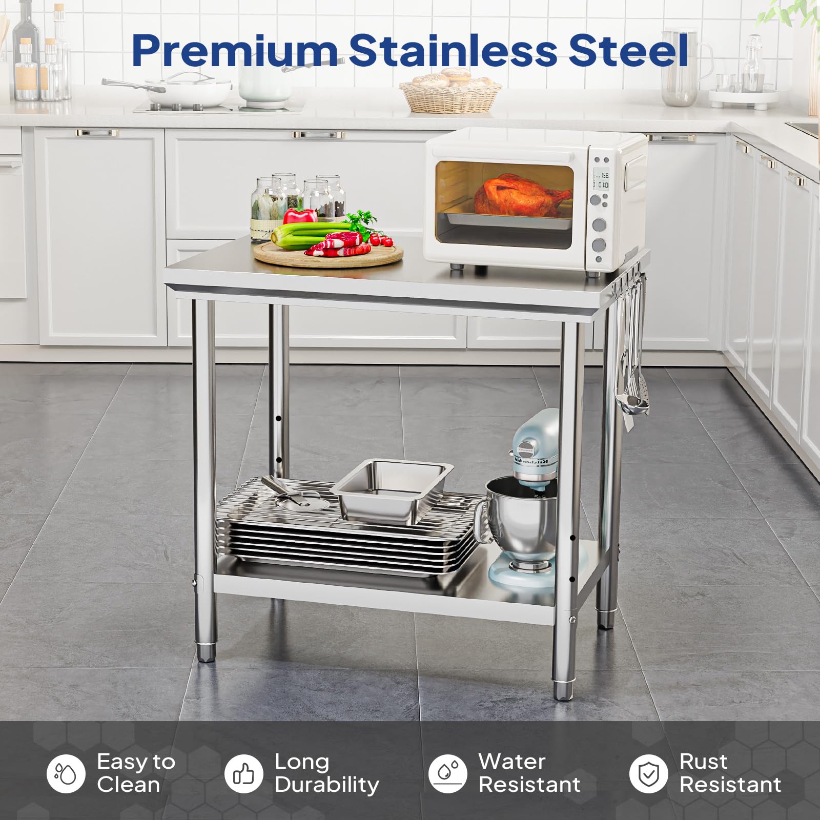 ROVSUN 36" x 24" Stainless Steel Table with Hooks & Undershelf