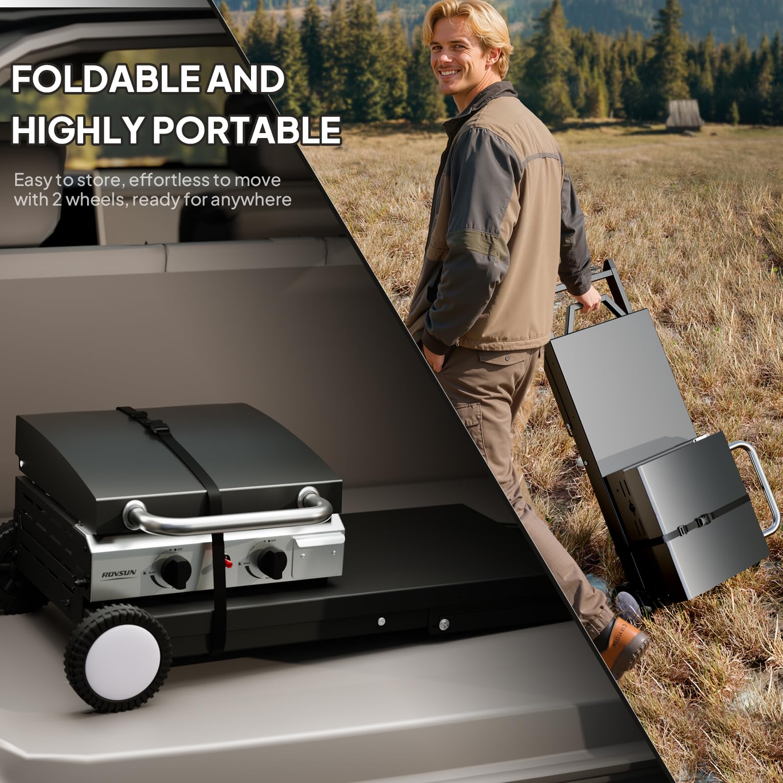 ROVSUN 2-Burner 20,000 BTU Foldable Propane Griddle with Wheels & Lid