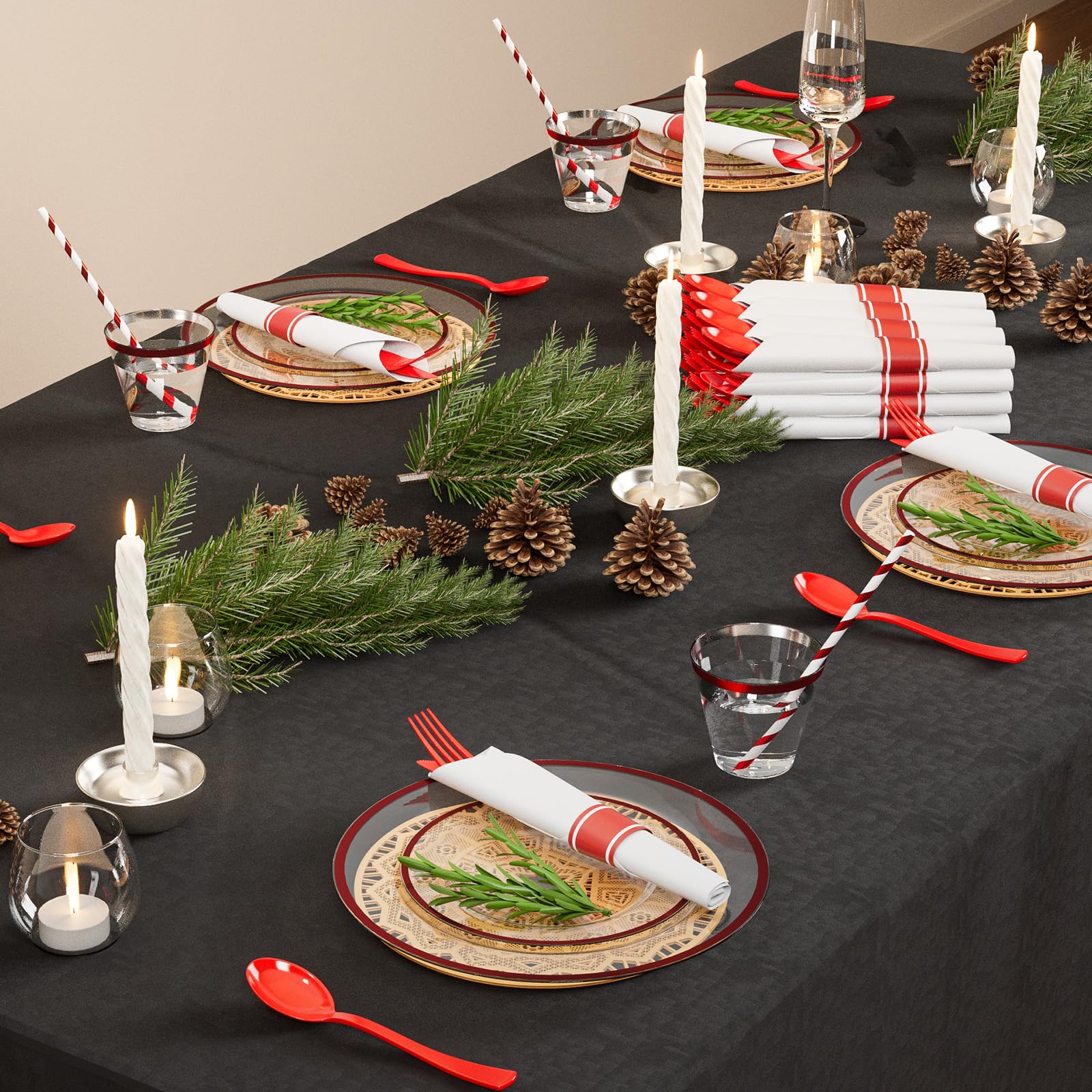 ROVSUN 400 Pieces Pre Rolled Napkins Red Disposable Plastic Dinnerware Set for 50 Guests