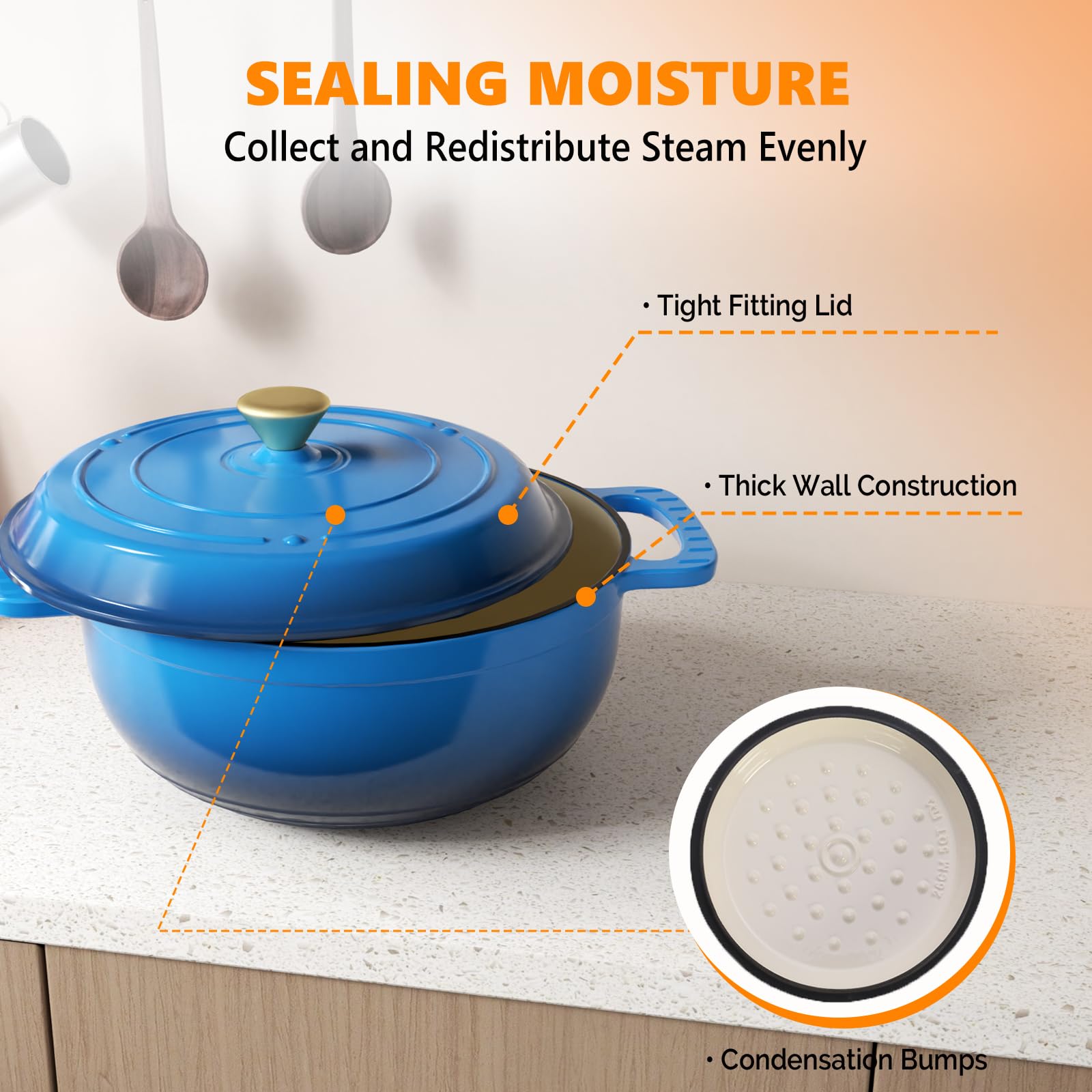 ROVSUN 6 QT Enameled Cast Iron Round Dutch Oven Blue