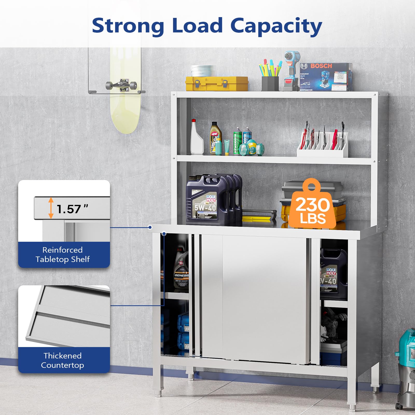 ROVSUN 39" x 19" Stainless Steel Table with Cabinet & Overshelves