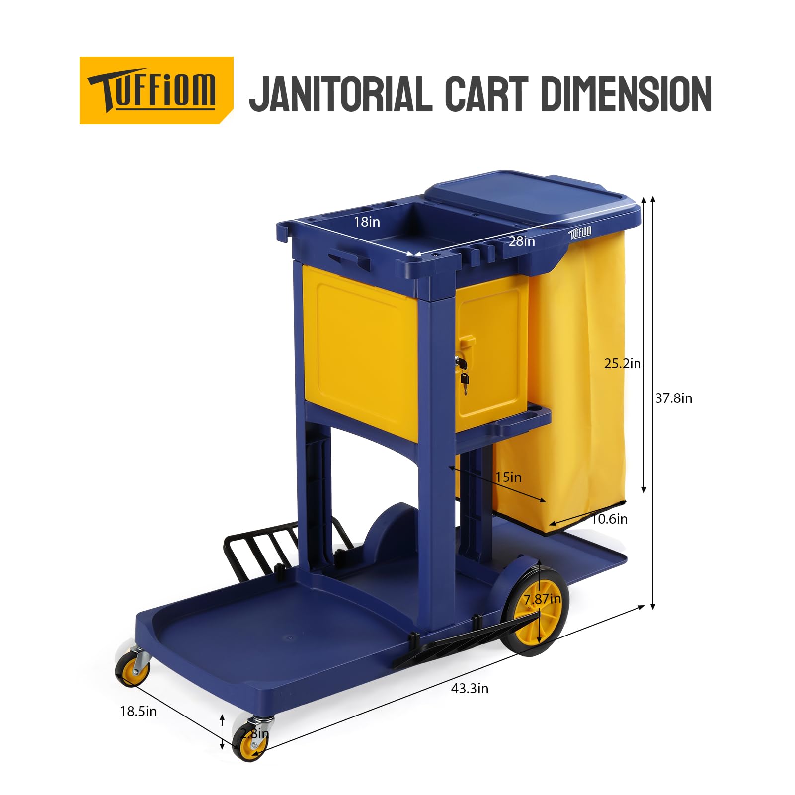 3-Tier 500 LBS Capacity Janitorial Cart with Locker & 15 Gallon Bag Blue