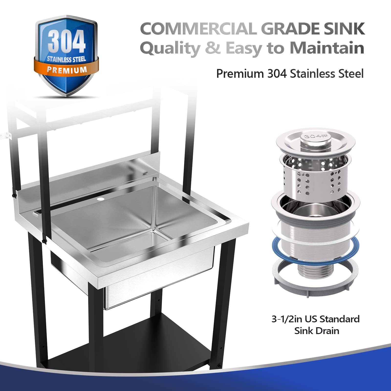 ROVSUN 28" x 24" One Compartment Stainless Steel Sink with Shelves