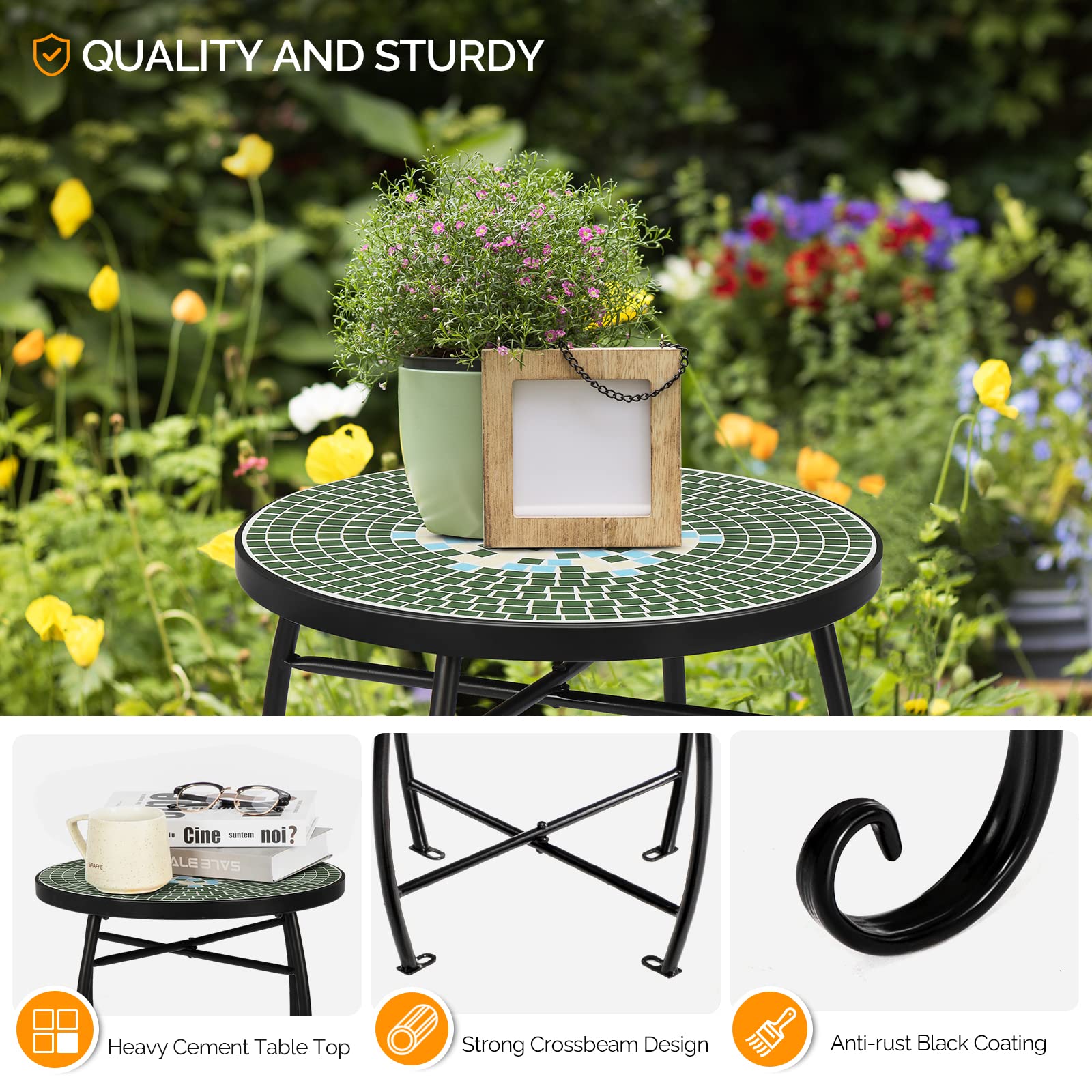 14" Round Mosaic Outdoor Side Table Green Garden