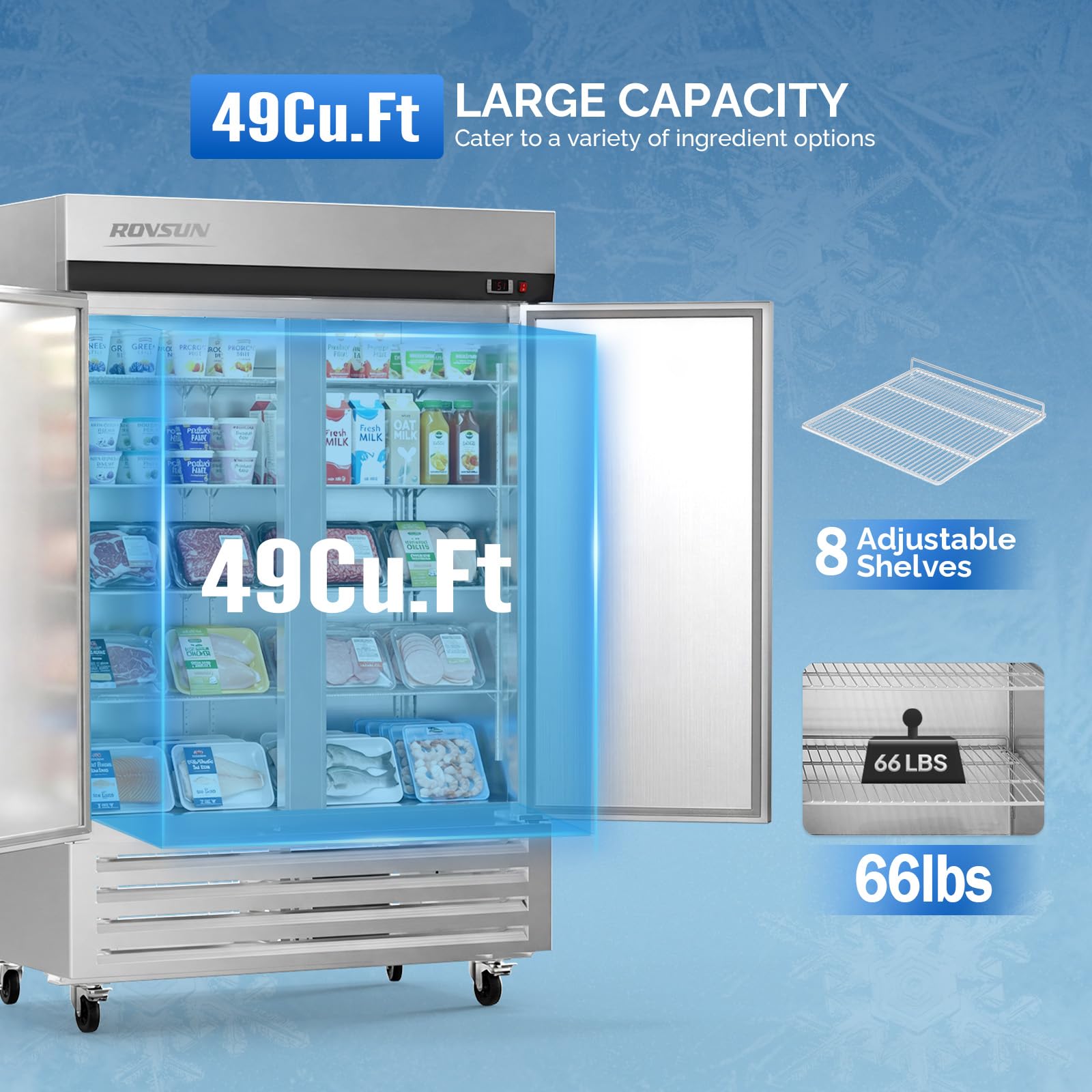 ROVSUN 54" 49 Cu.Ft. Double Door Reach-In Refrigerator