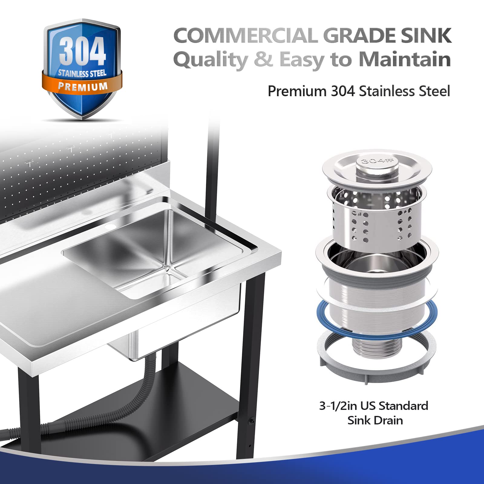 ROVSUN 36" x 21" One Compartment Stainless Steel Sink with Shelves