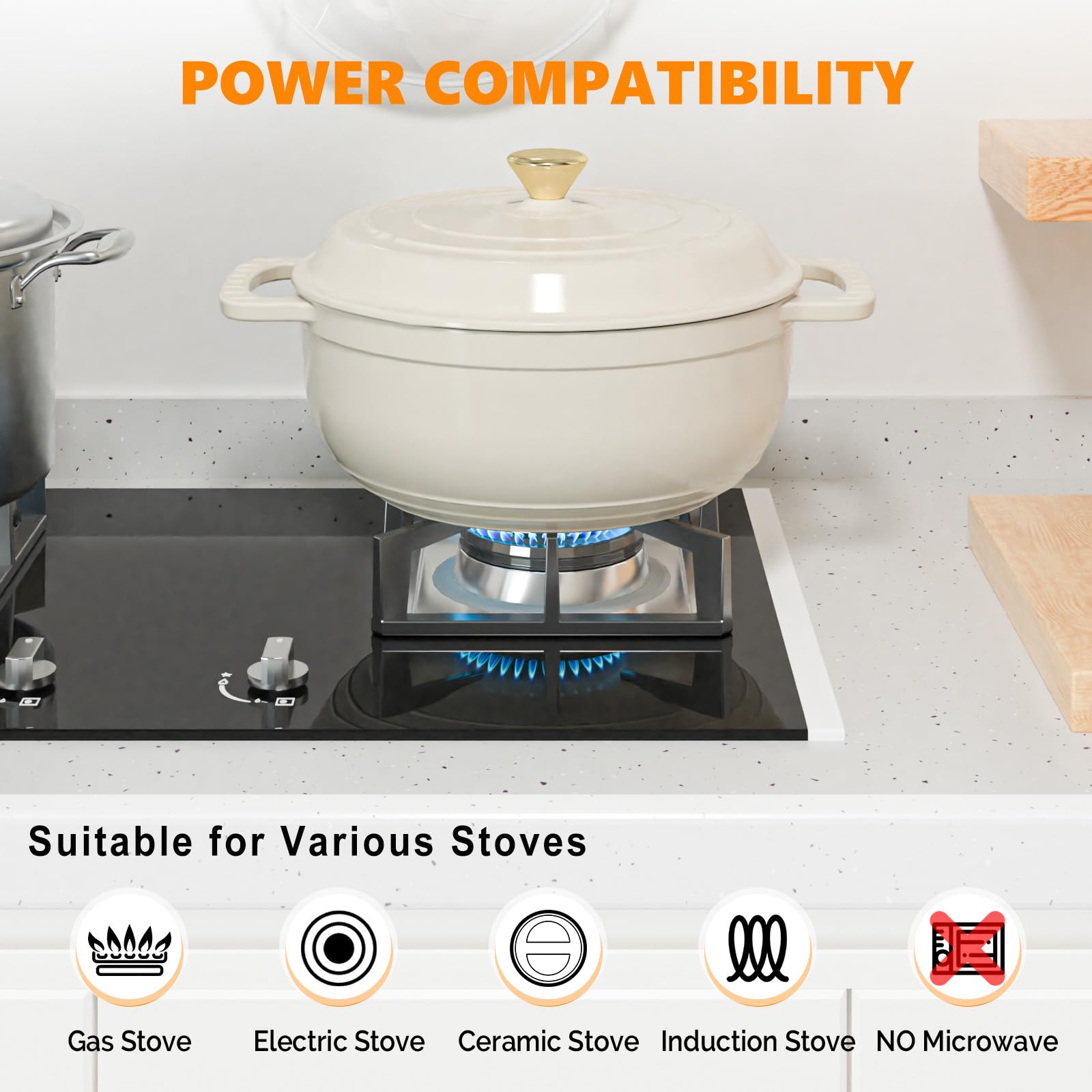 ROVSUN 7.5 QT Enameled Cast Iron Round Dutch Oven Cream White