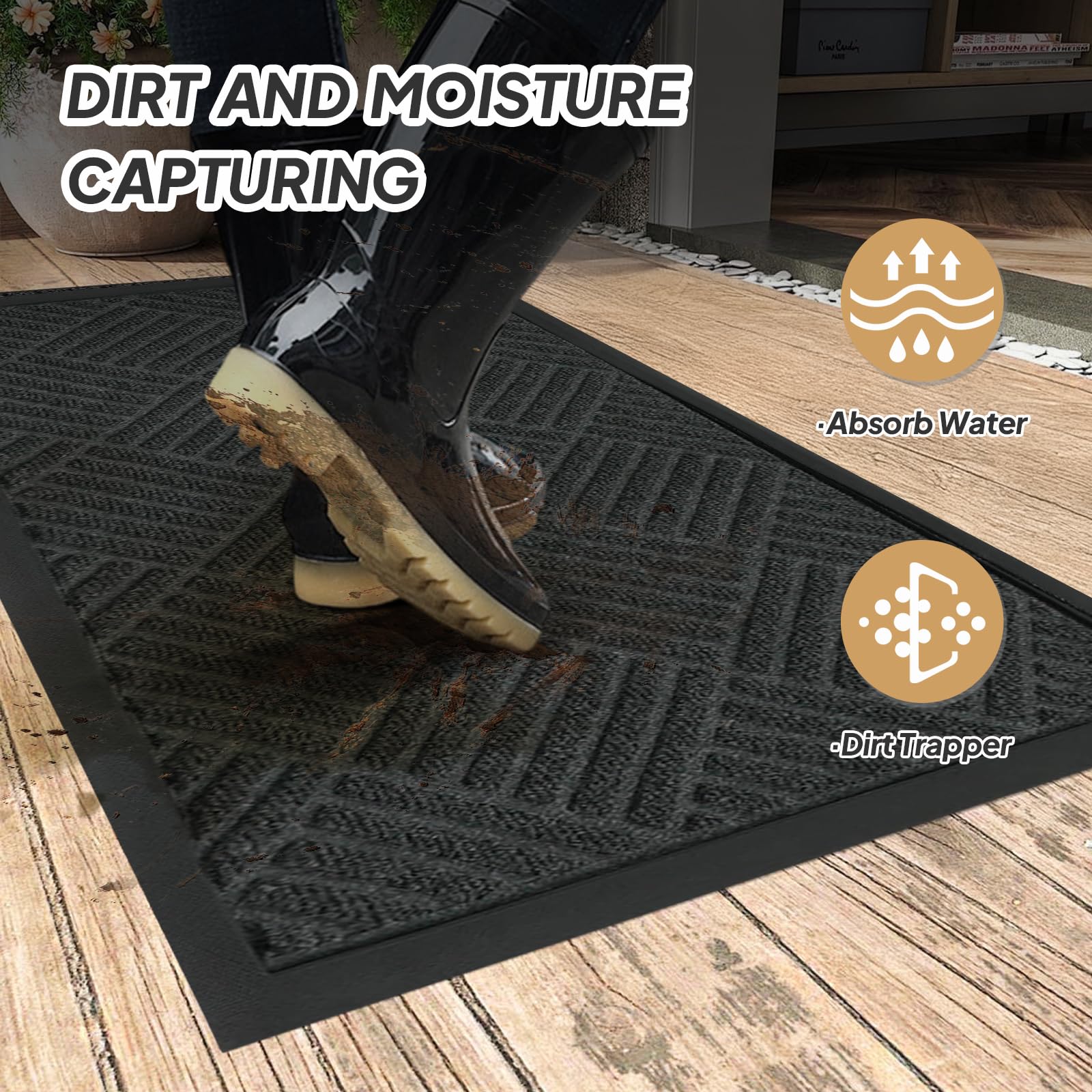 ROVSUN 29.5" × 17.7" Front Door Mat with Diamond Pattern Non-Slip Grey